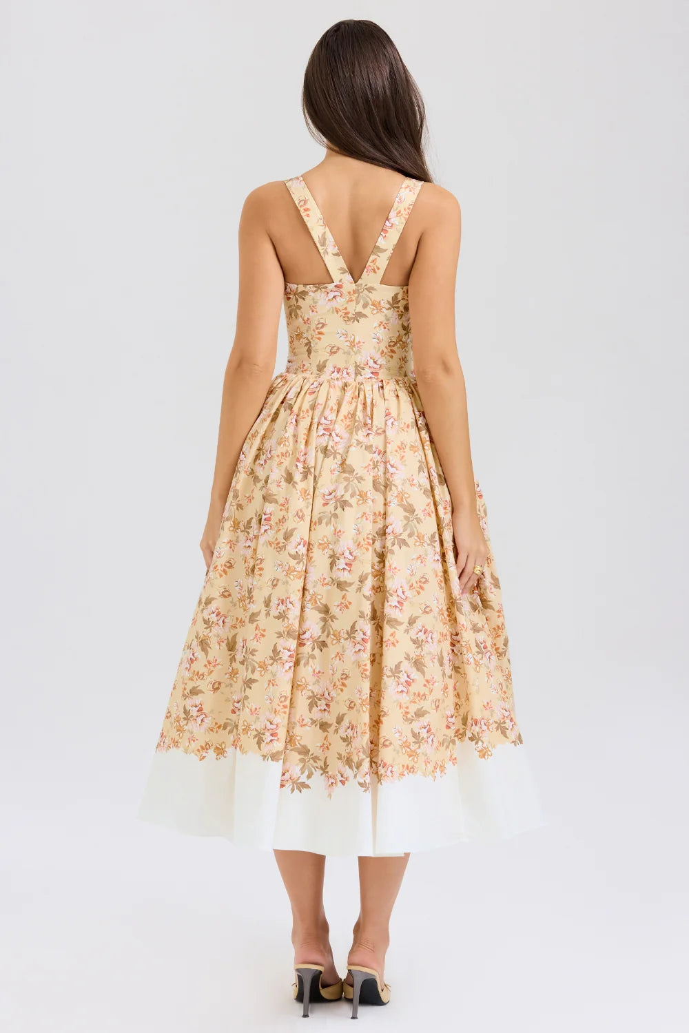 honeyflower print gathered cotton midi dress
