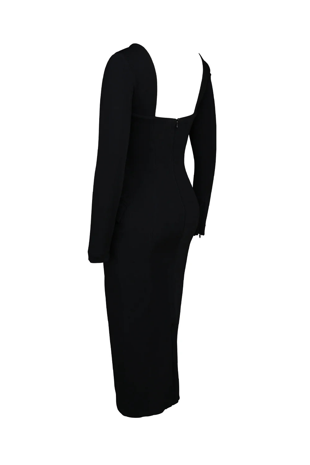 black stretch crepe long sleeve midi dress