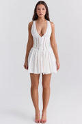 white cotton broderie anglais plunge mini dress