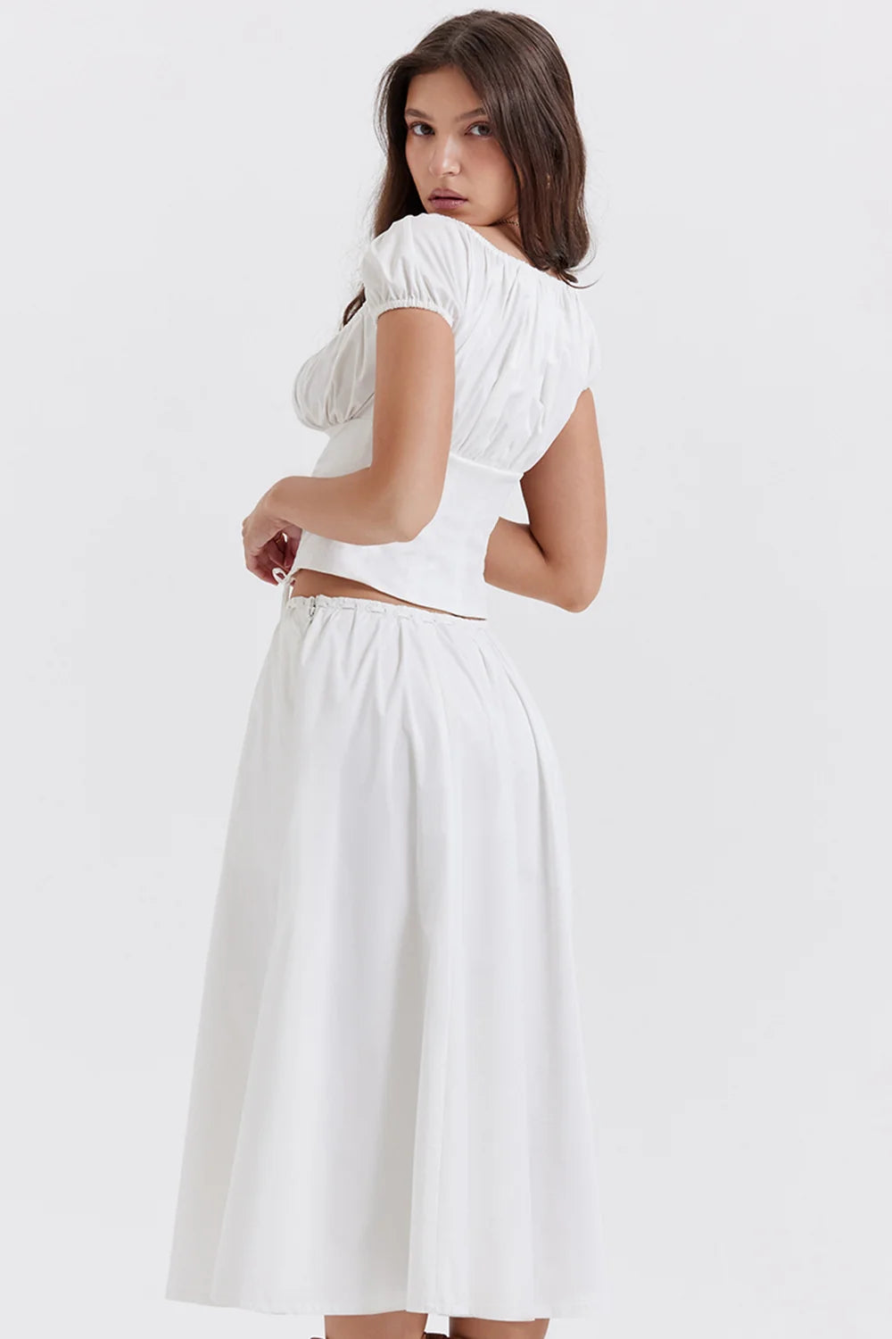 white gathered midi skirt