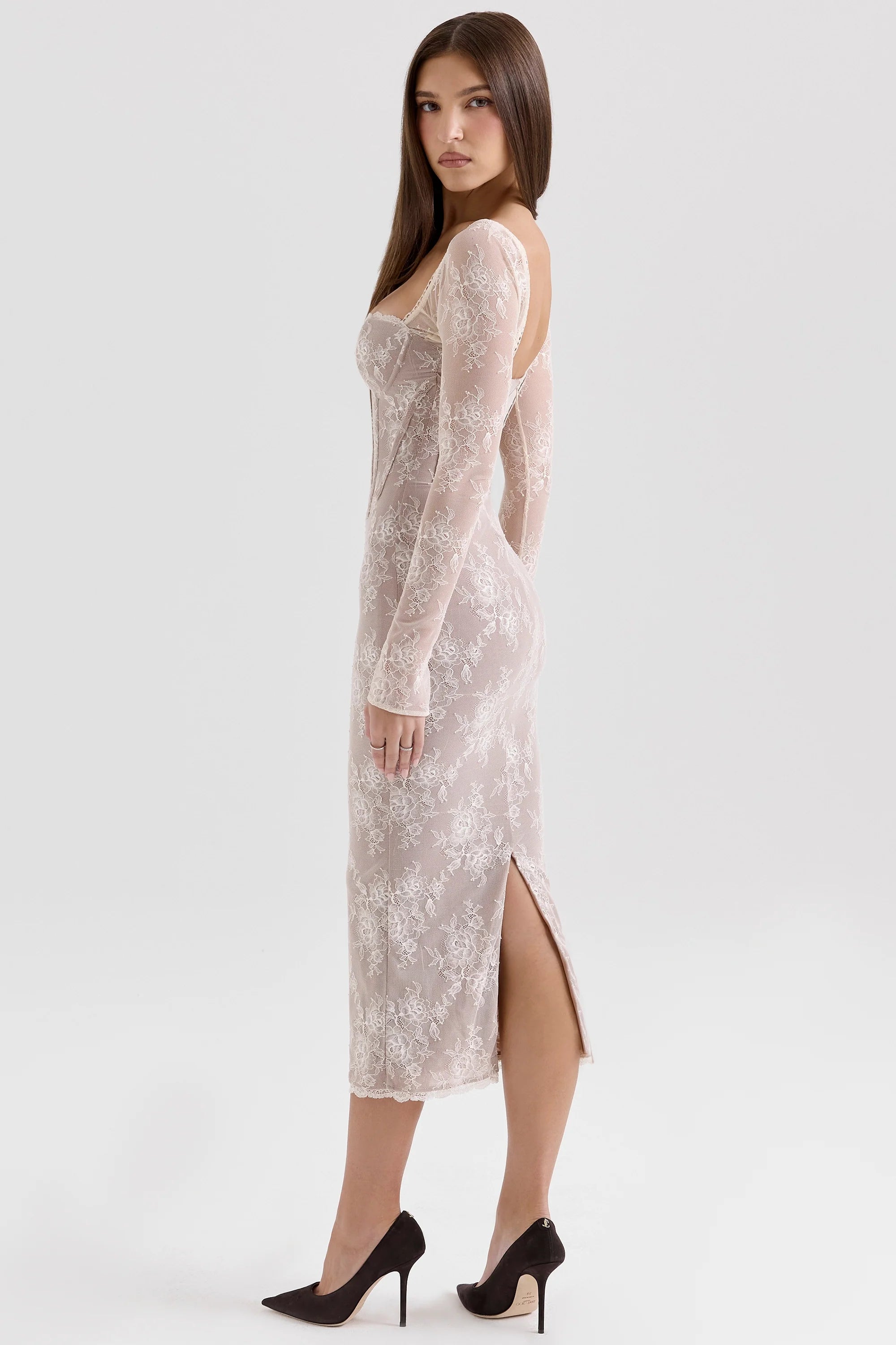 ivory lace long sleeve midi dress