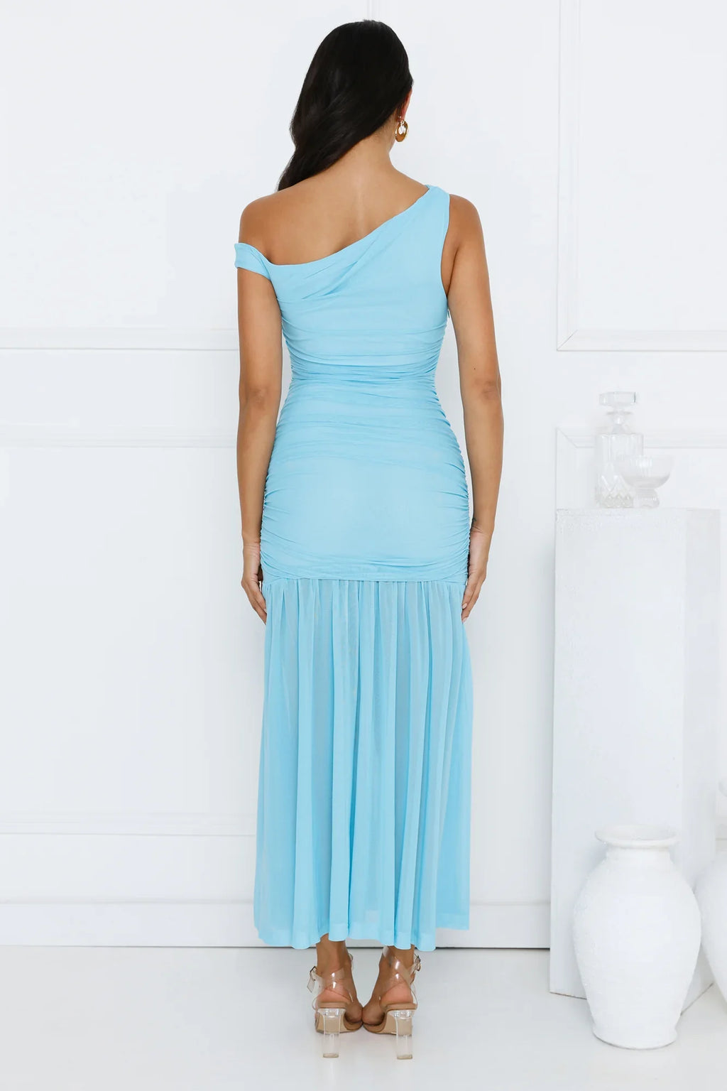 Stylish Diva Mesh Off Shoulder Midi Dress Blue