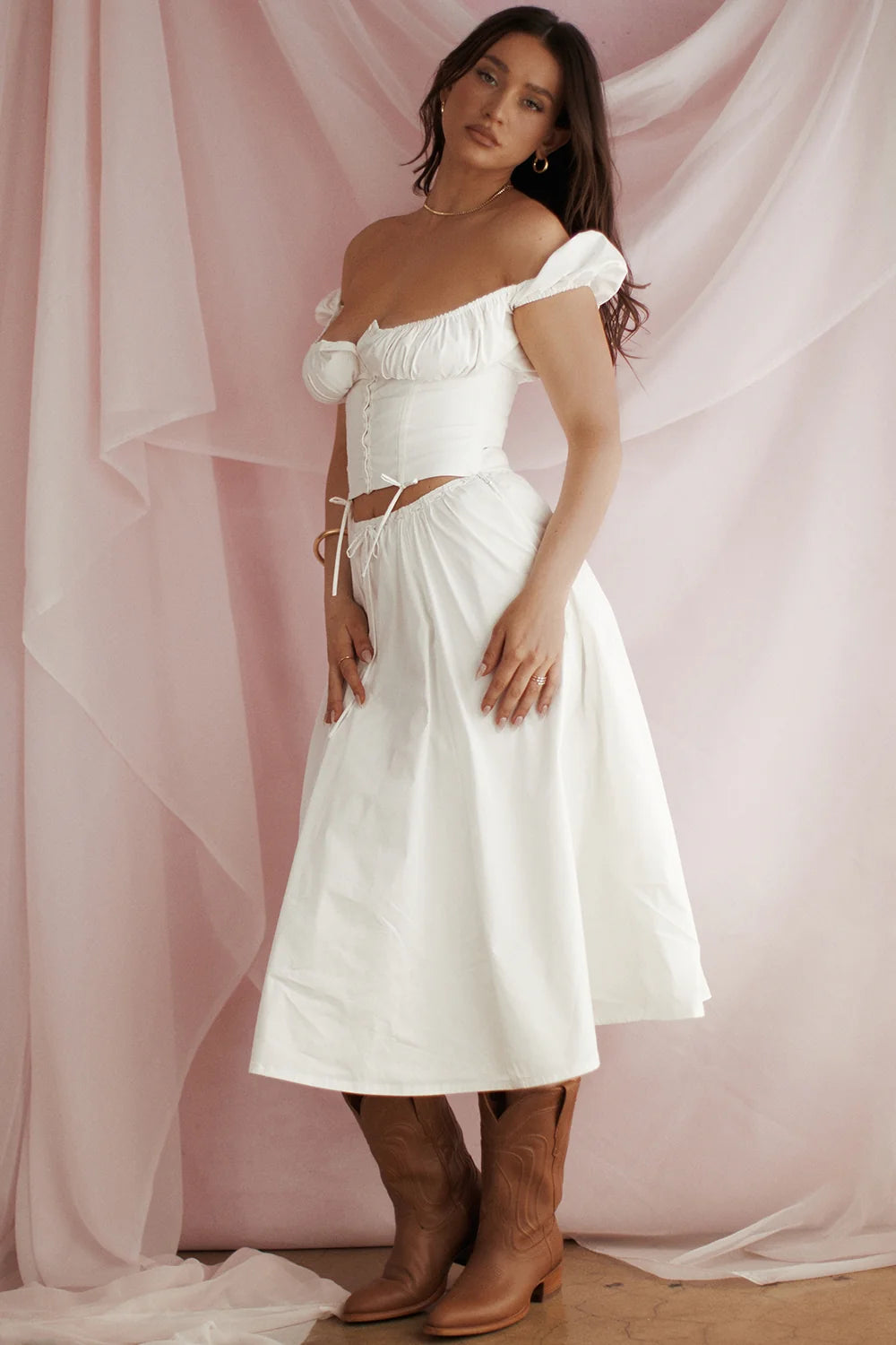 white gathered midi skirt
