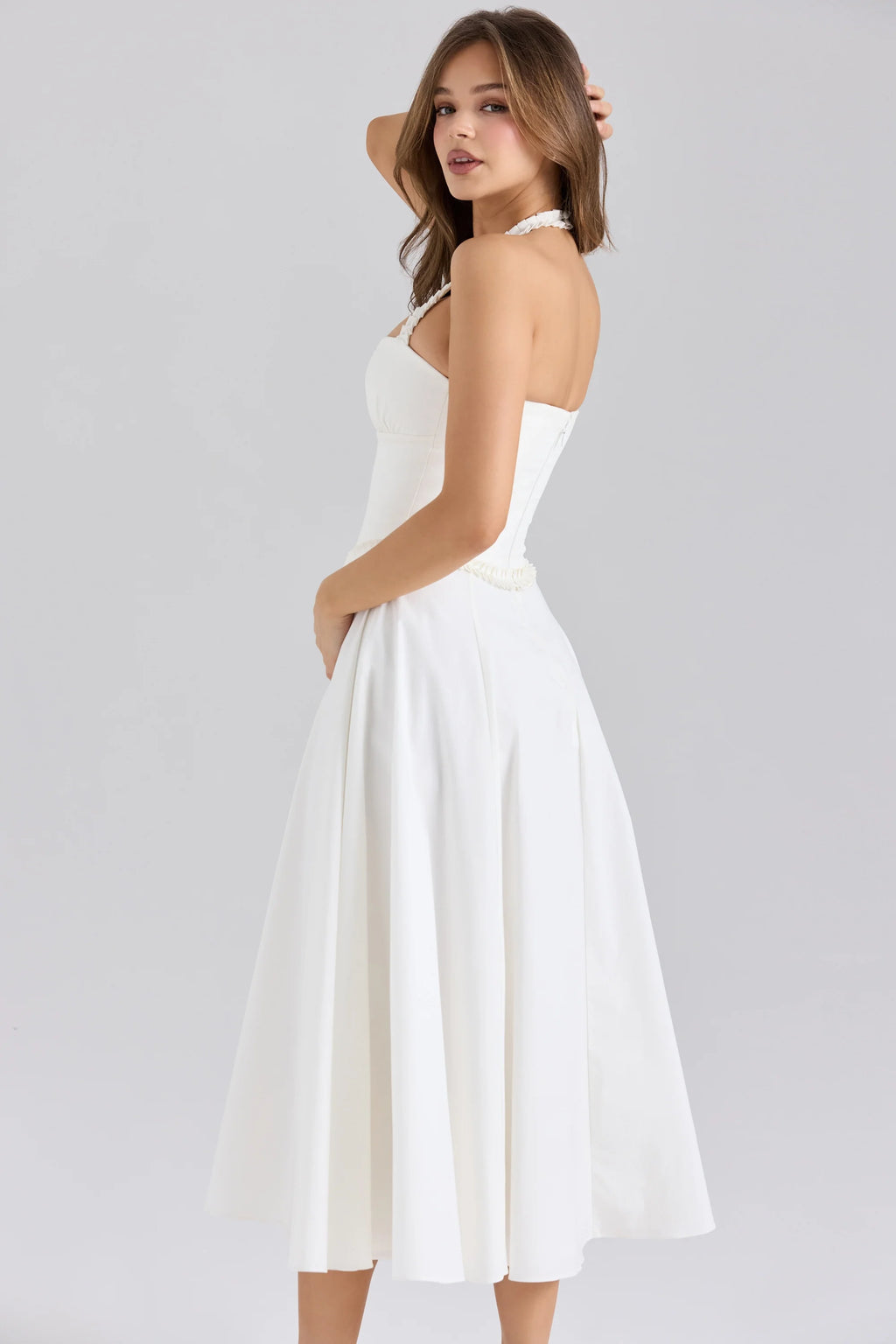 white stretch cotton halter neck midi dress