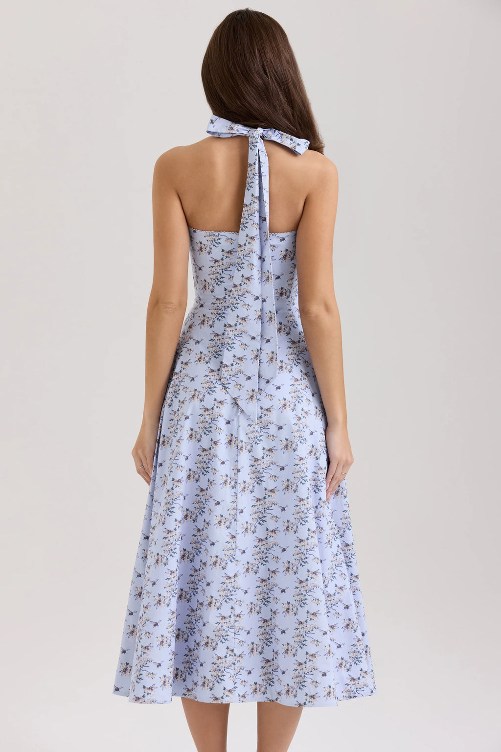 blue floral print stretch cotton halter neck midi dress