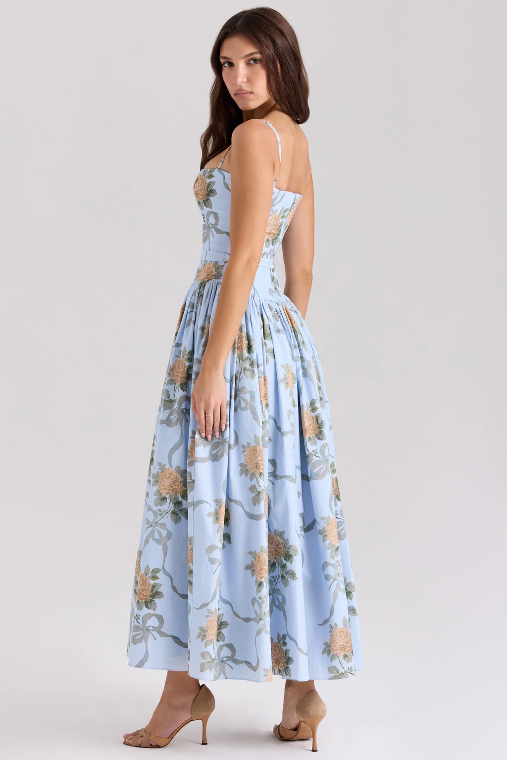 blue vintage rose print cotton midi sundress