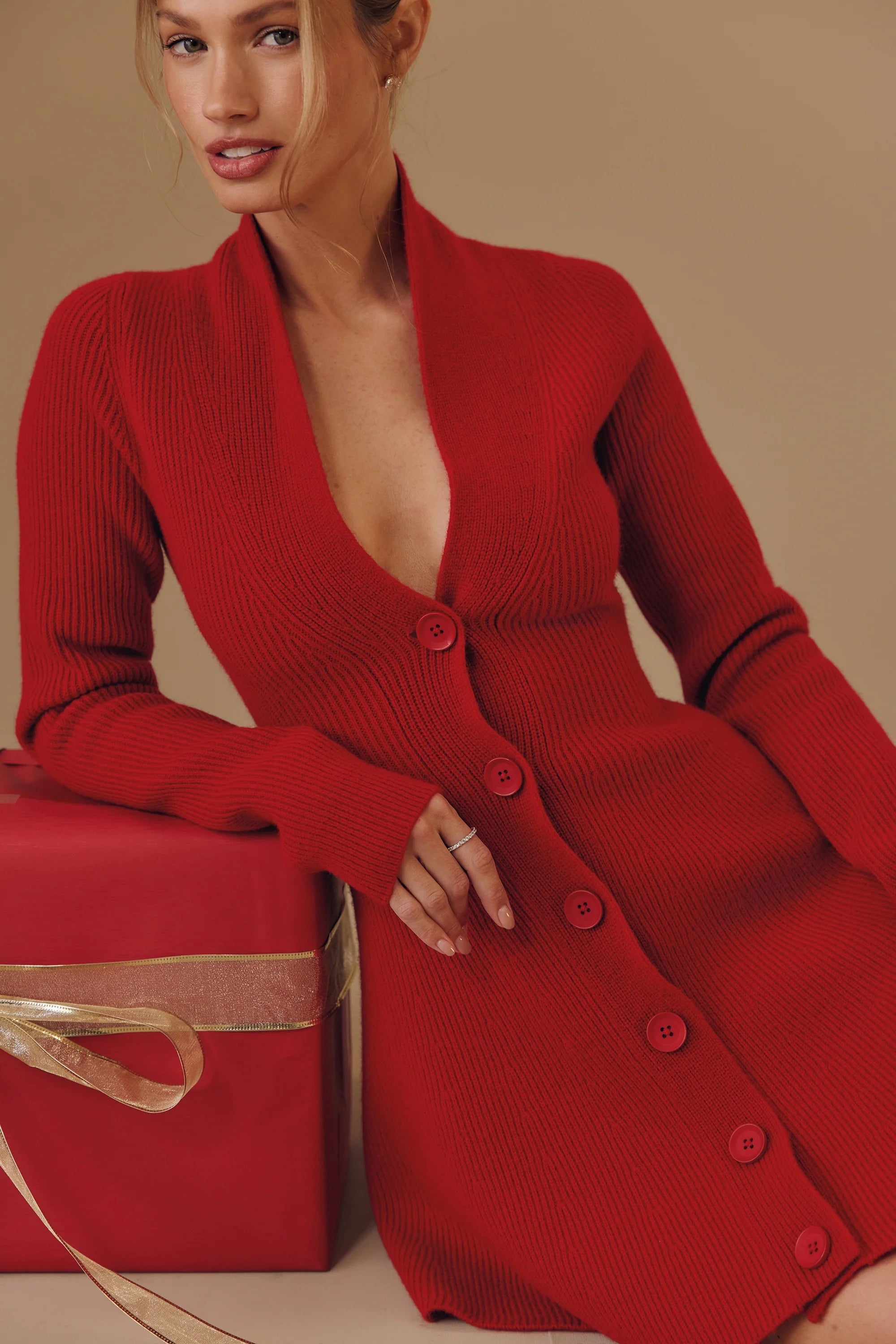 red pure new wool cardigan mini dress
