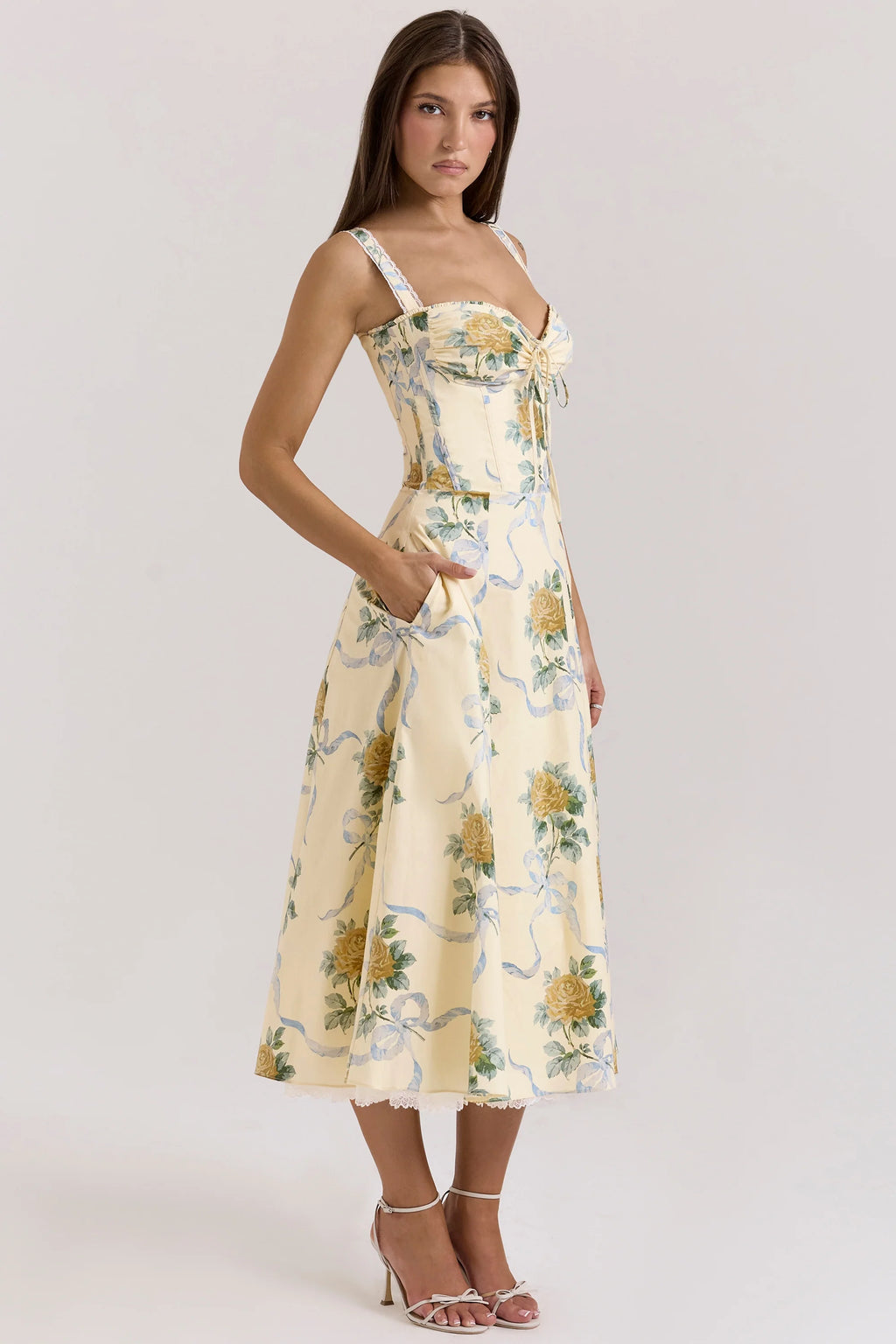 lemon vintage ribbon print cotton midi dress