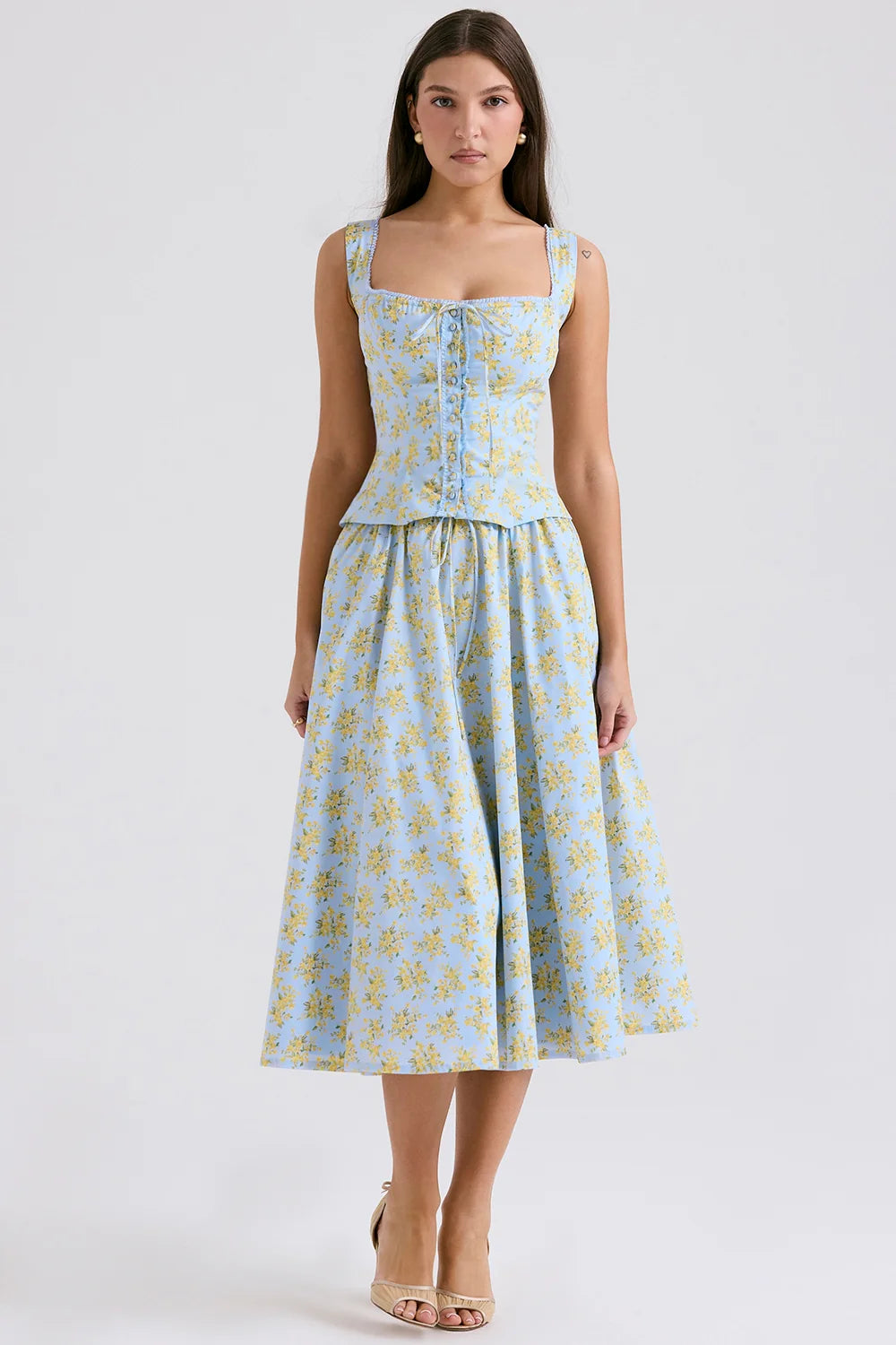 soft blue vintage floral print cotton midi skirt