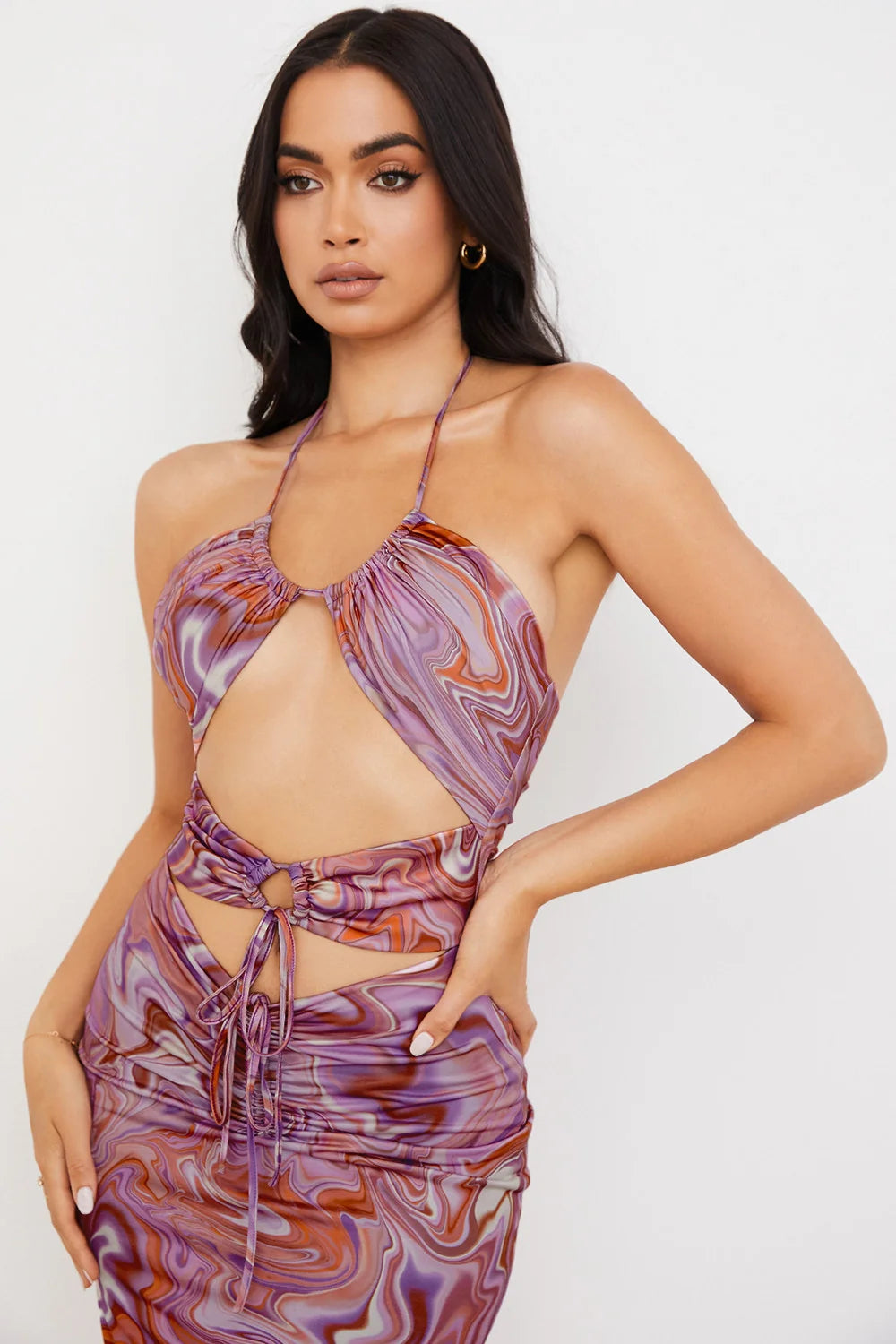 purple swirl cutout midi dress