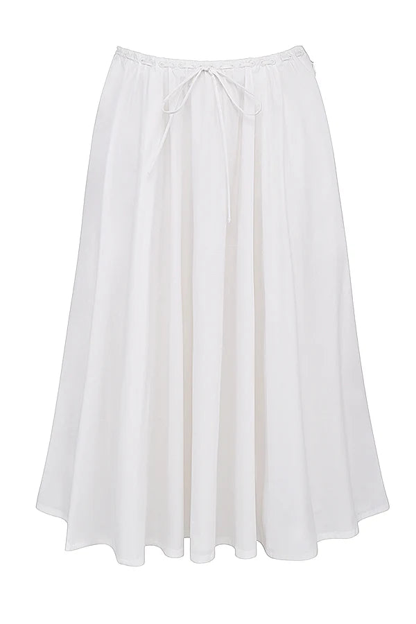 white gathered midi skirt
