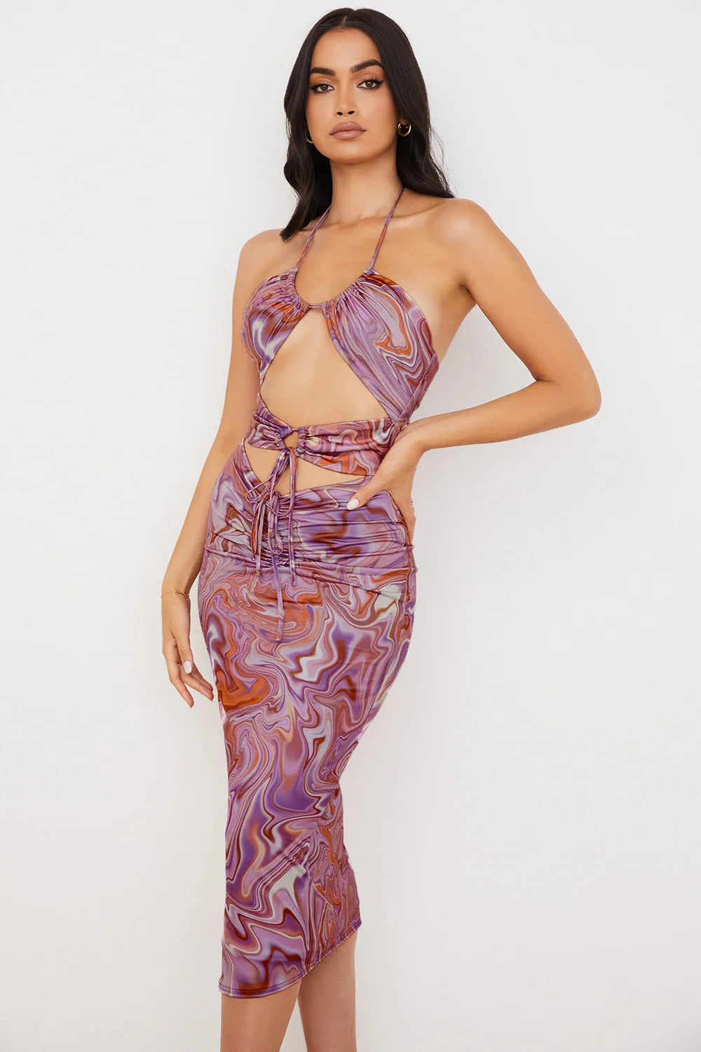 purple swirl cutout midi dress