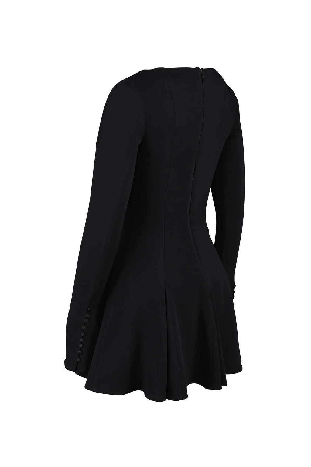 black stretch crepe godet mini dress