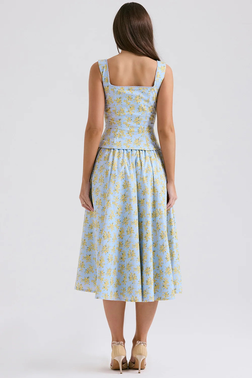 soft blue vintage floral print cotton midi skirt