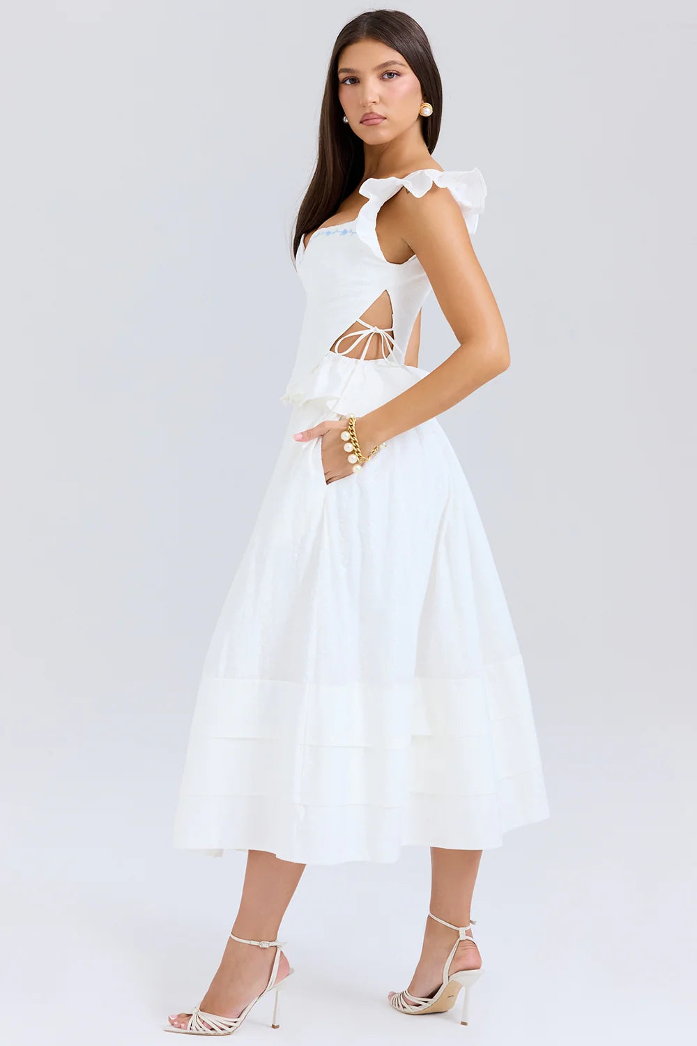white embroidered cotton midi skirt