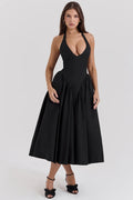 black twill halter midi dress