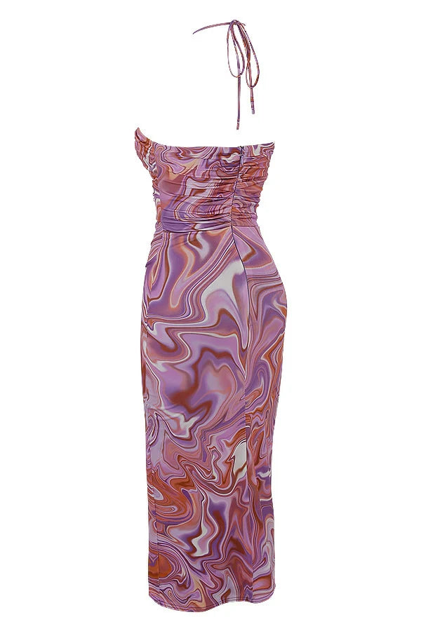 purple swirl cutout midi dress