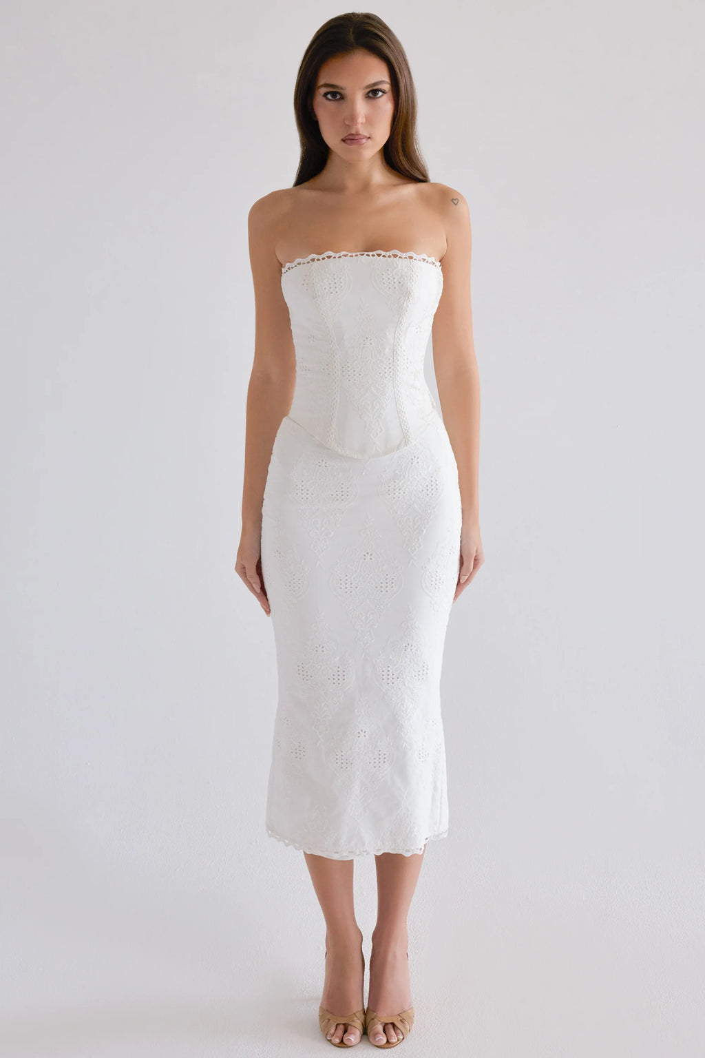 white cotton broderie anglaise midi skirt