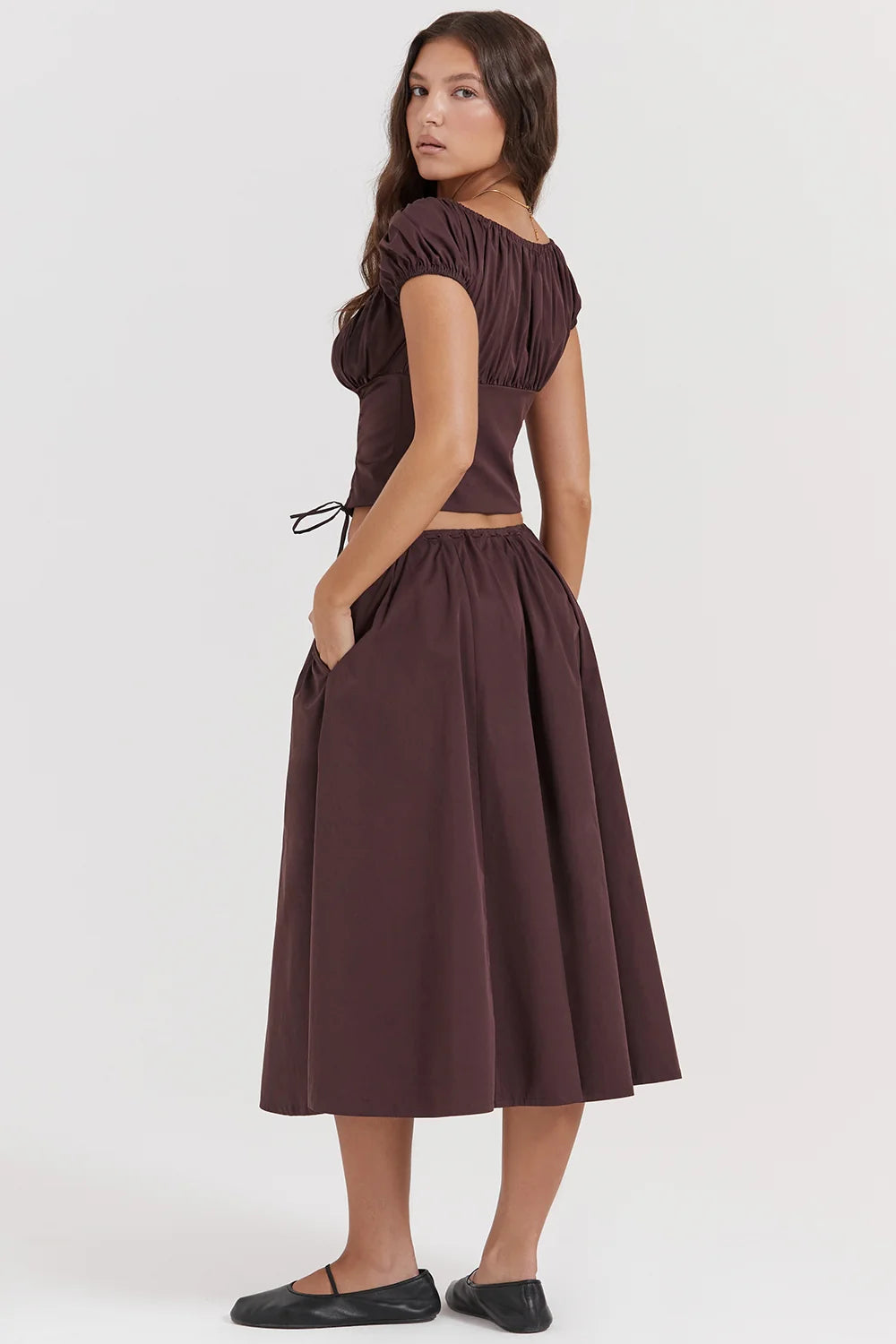 rich brown gathered midi skirt
