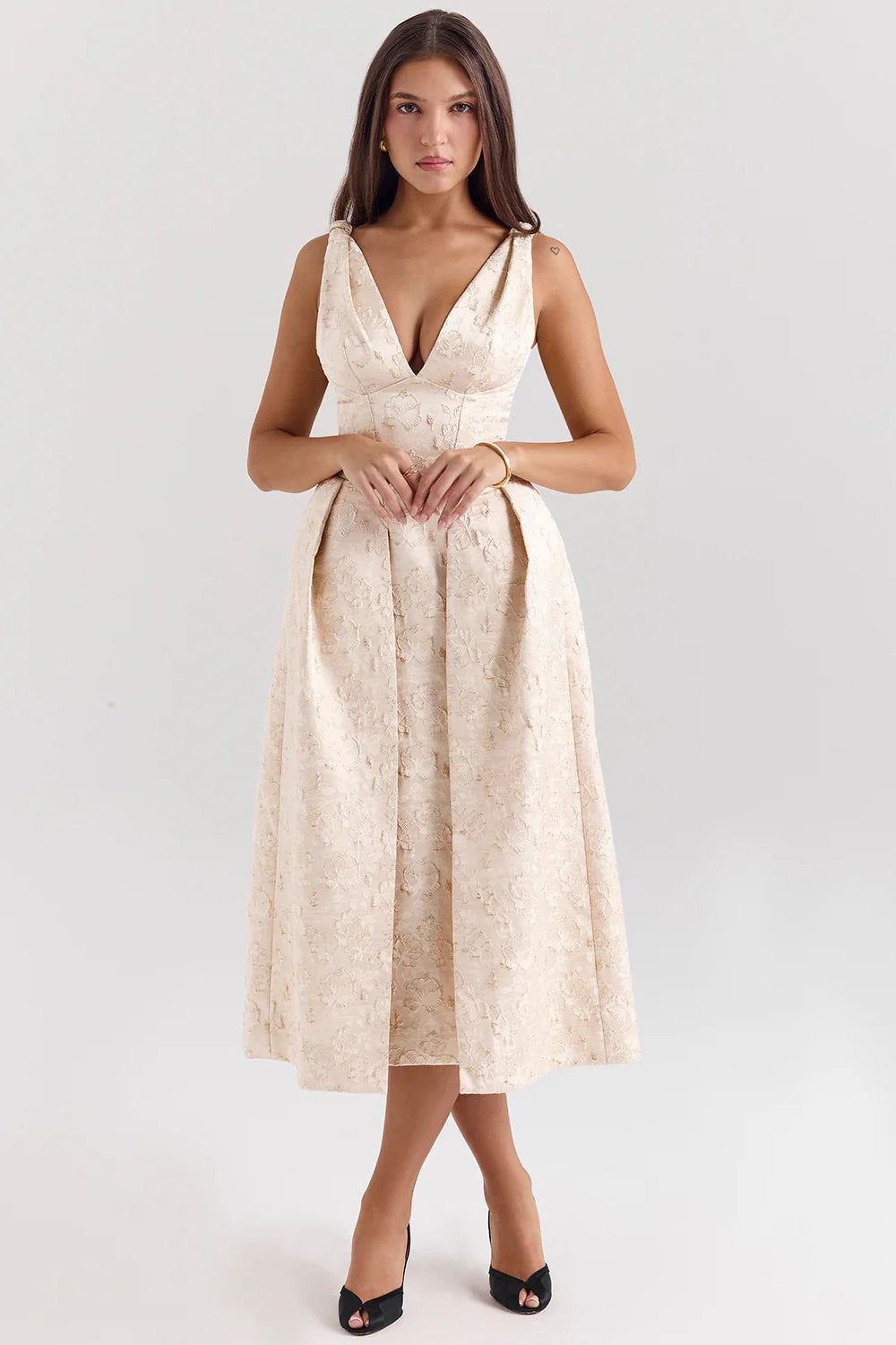 ivory metallic jacquard midi dress - sale