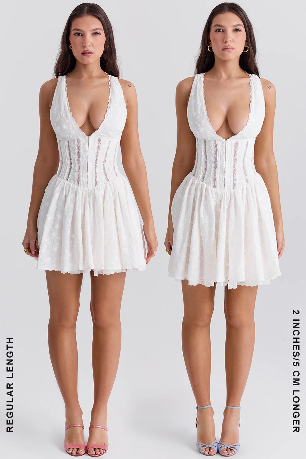 white cotton broderie anglais plunge mini dress