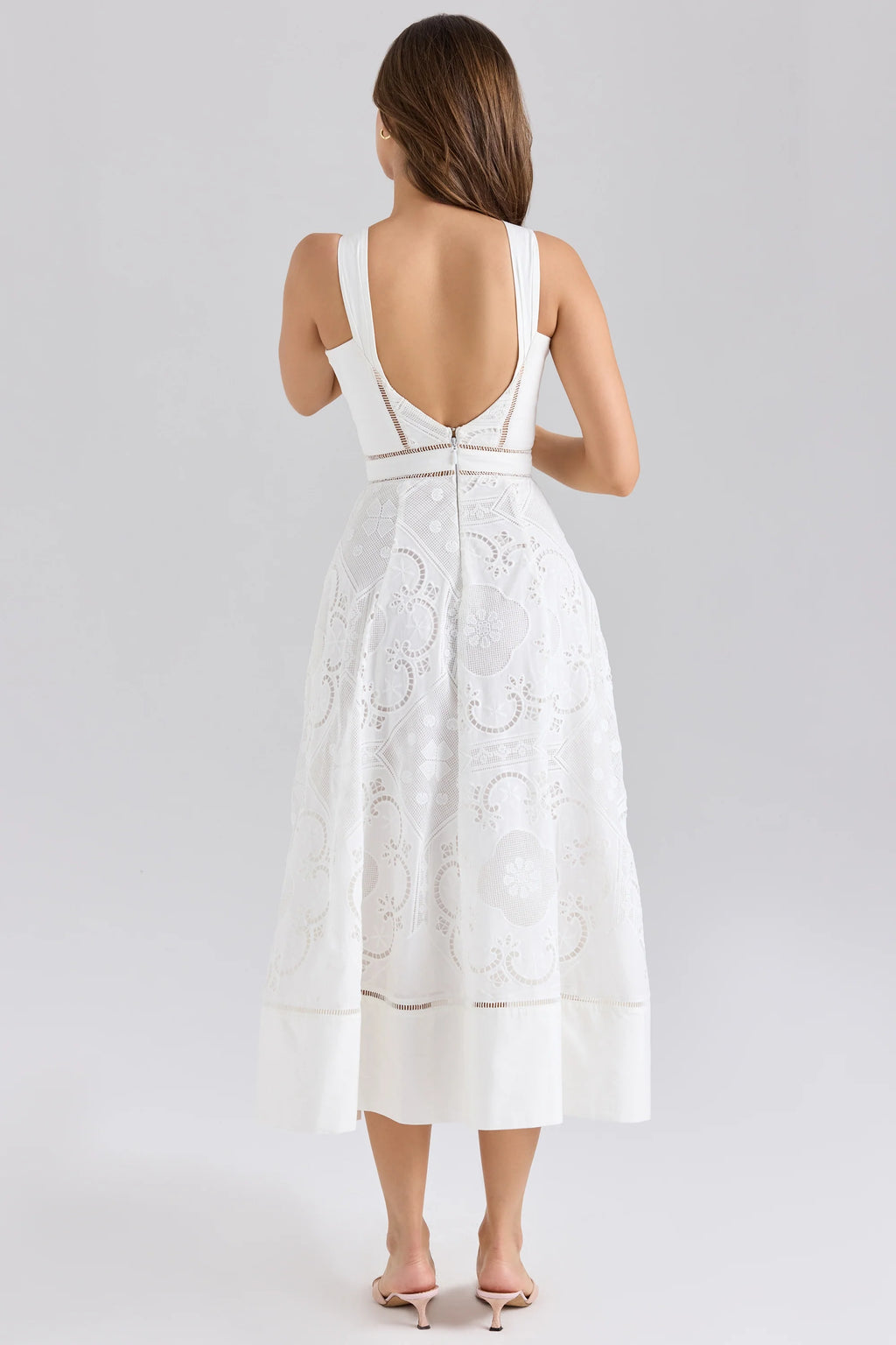 white stretch cotton broderie anglaise midi dress