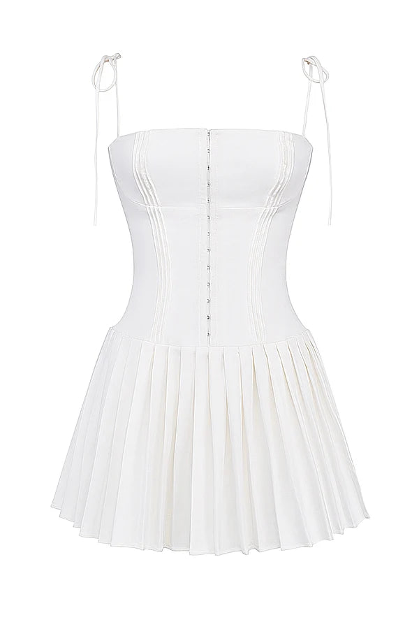 white pleated mini dress