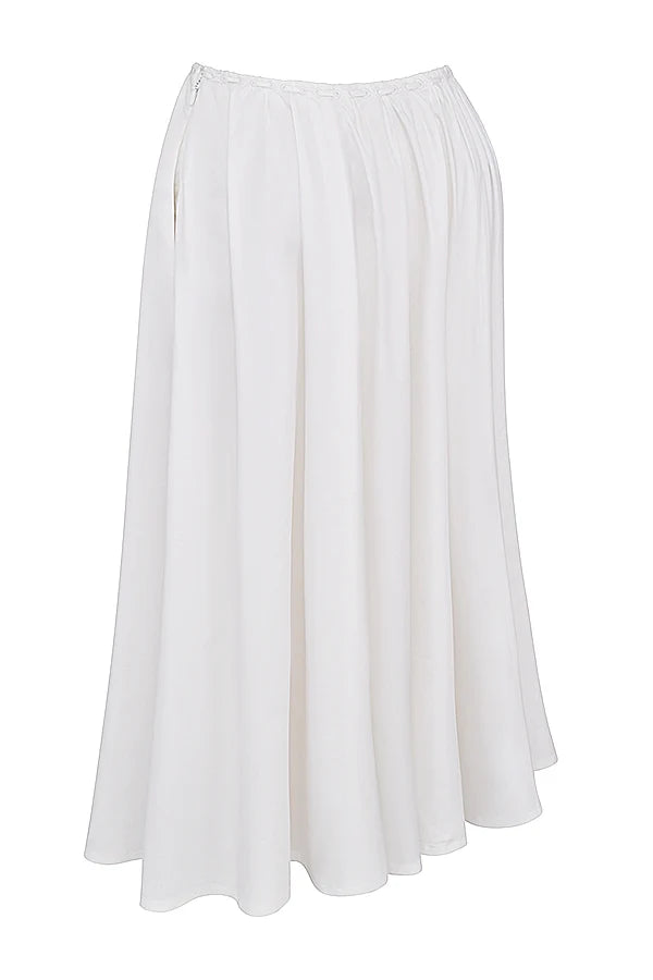white gathered midi skirt