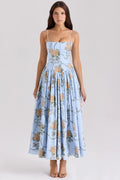 blue vintage rose print cotton midi sundress