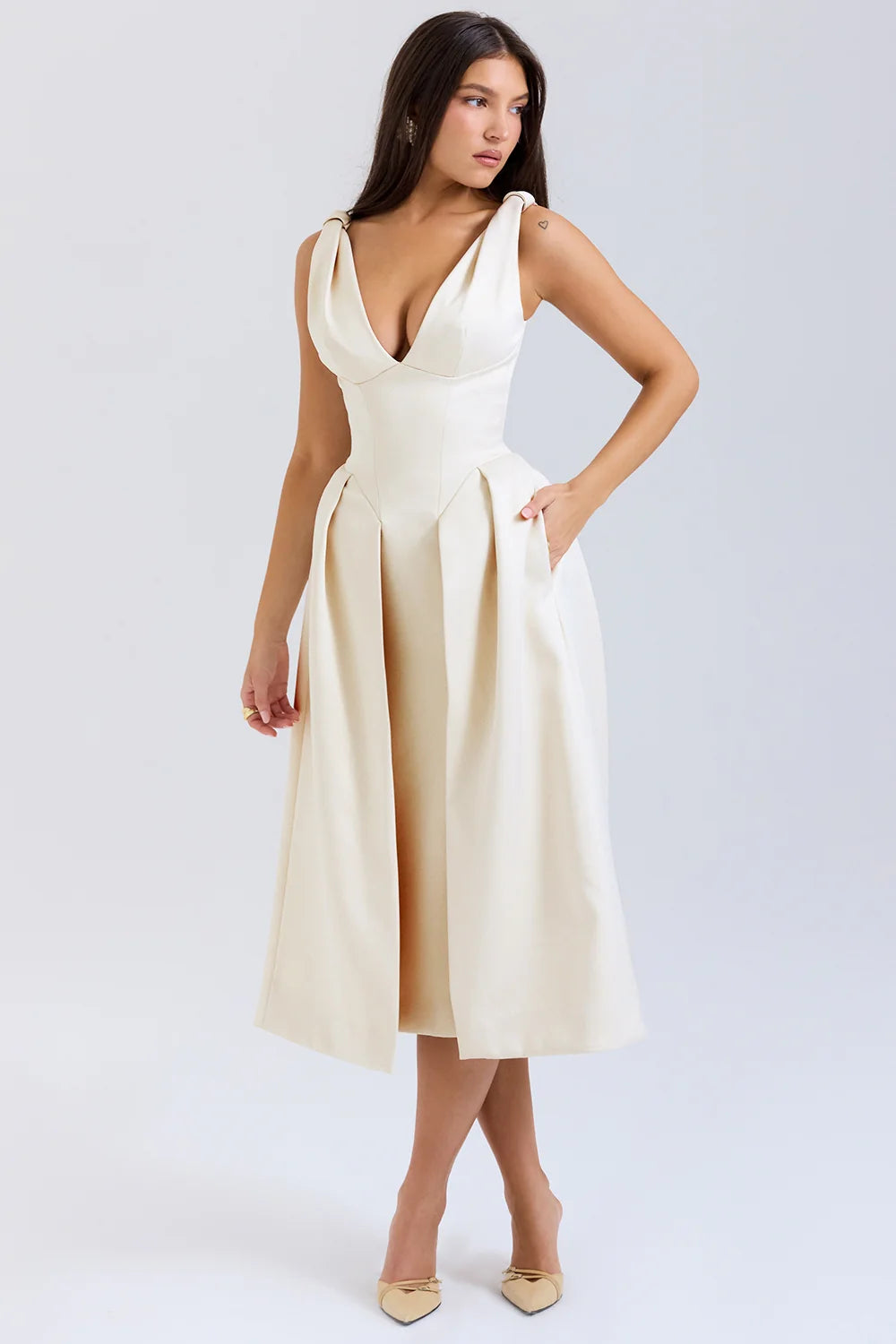 vintage cream satin pleated midi dress - sale