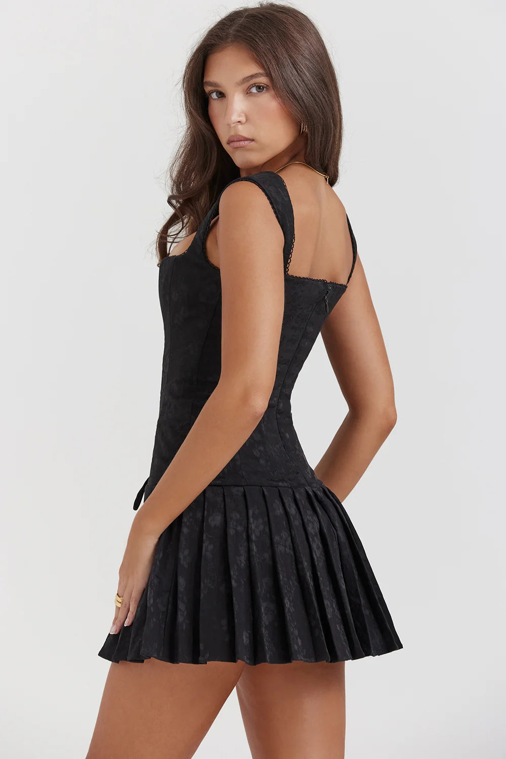 black pleated mini dress