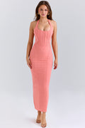 coral stretch mesh halter neck midi dress
