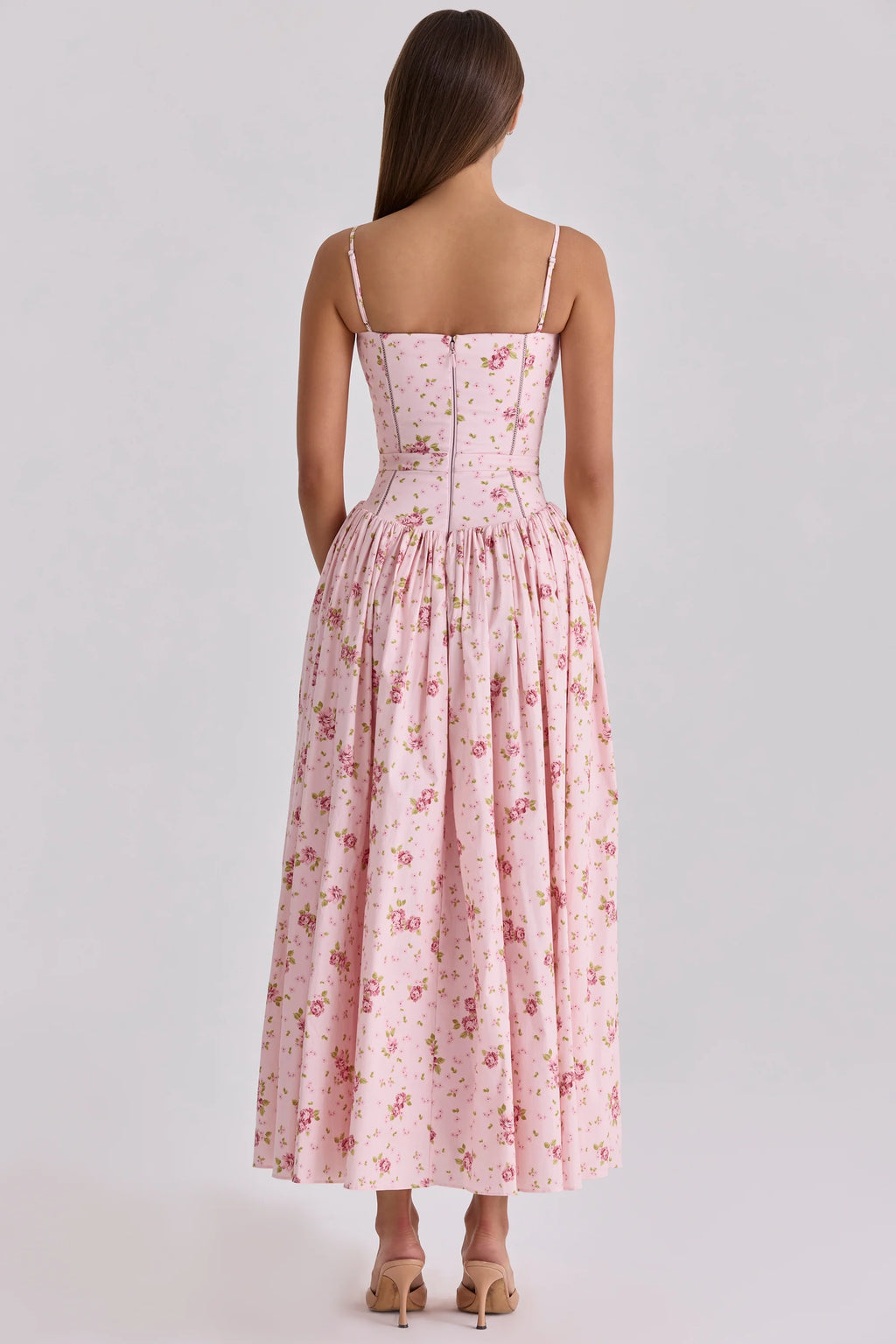 pink vintage rose print cotton midi sundress