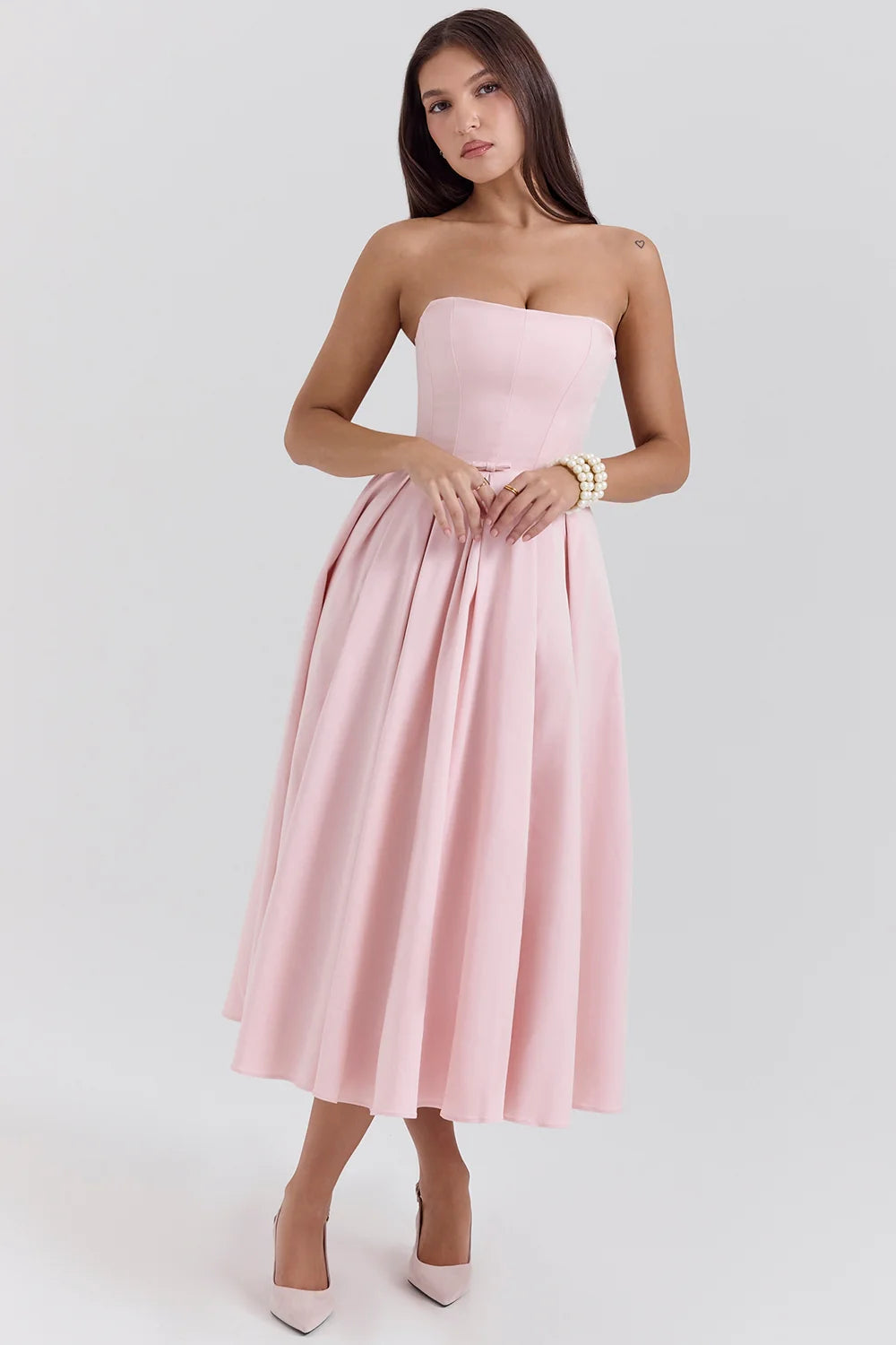 parisian pink strapless corset midi dress