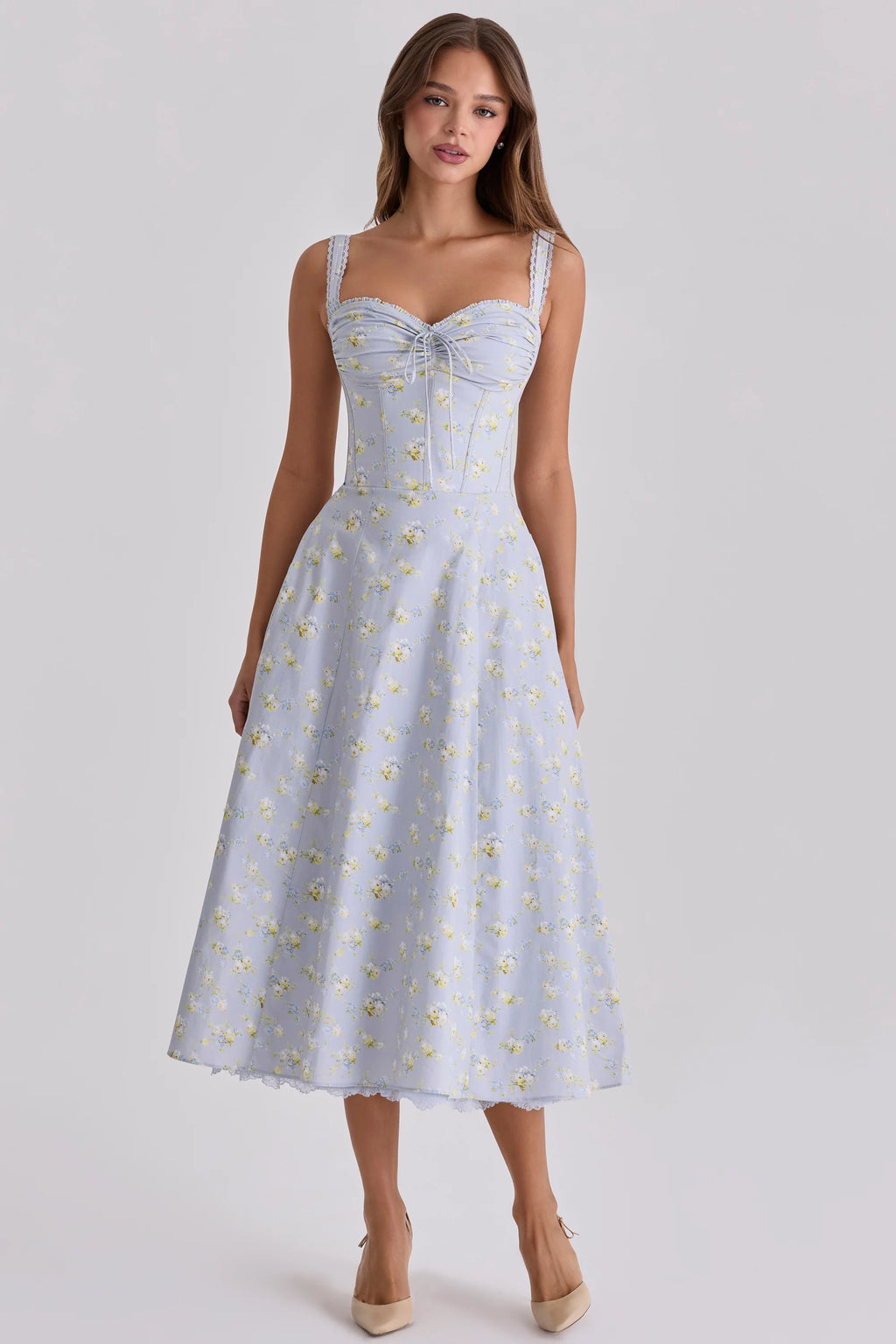 blue wildflower floral print midi dress