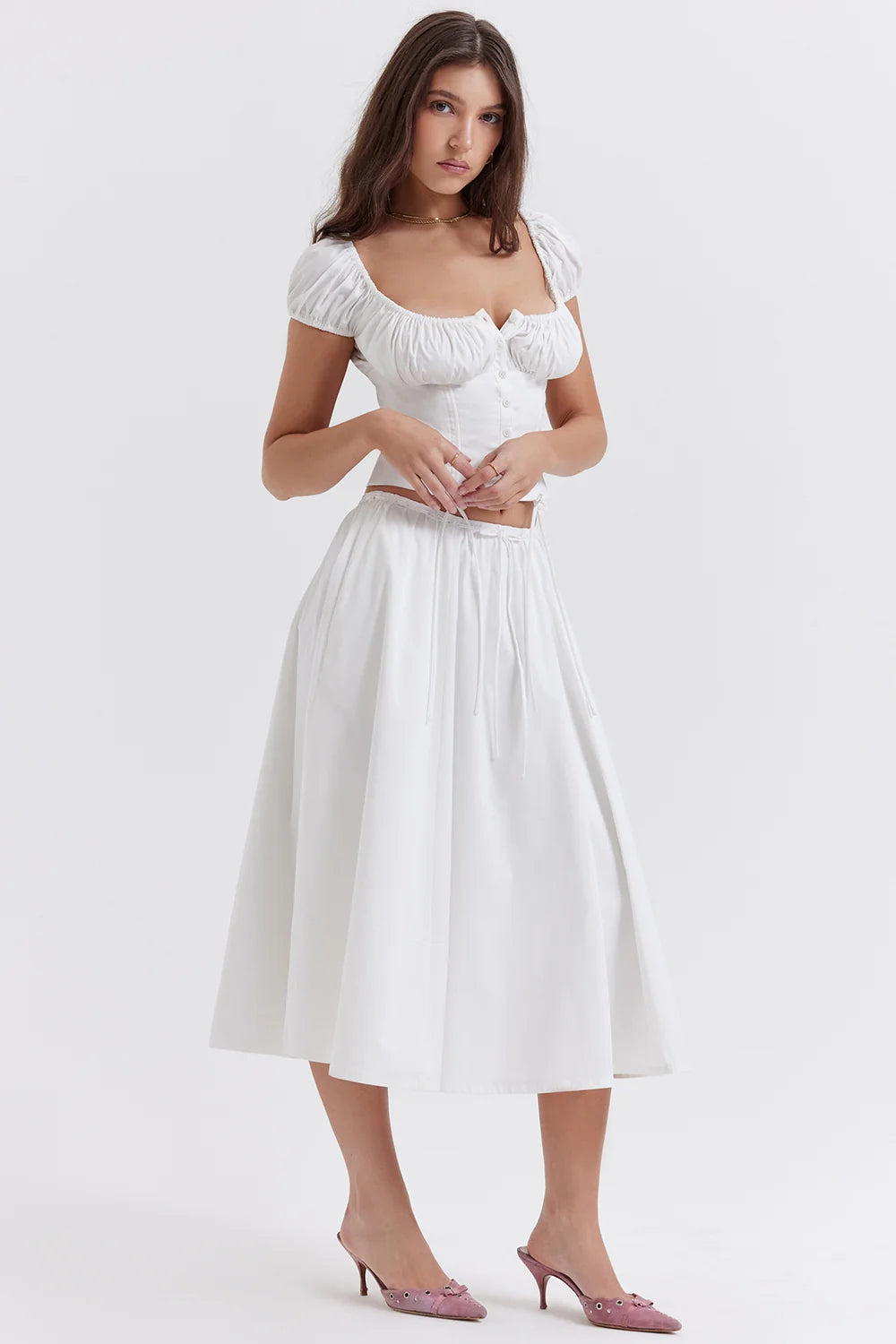 white gathered midi skirt