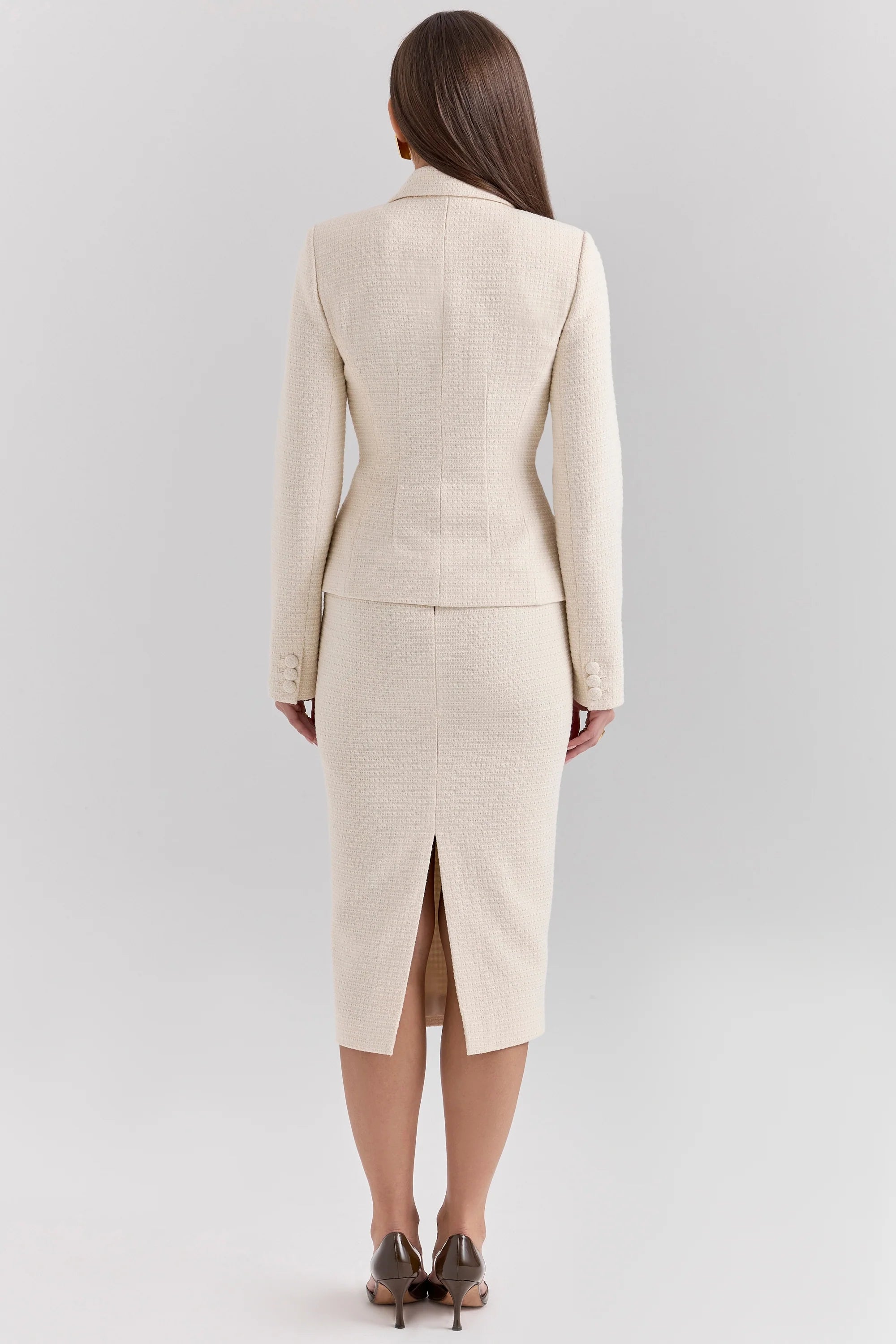 cream boucle pencil midi skirt