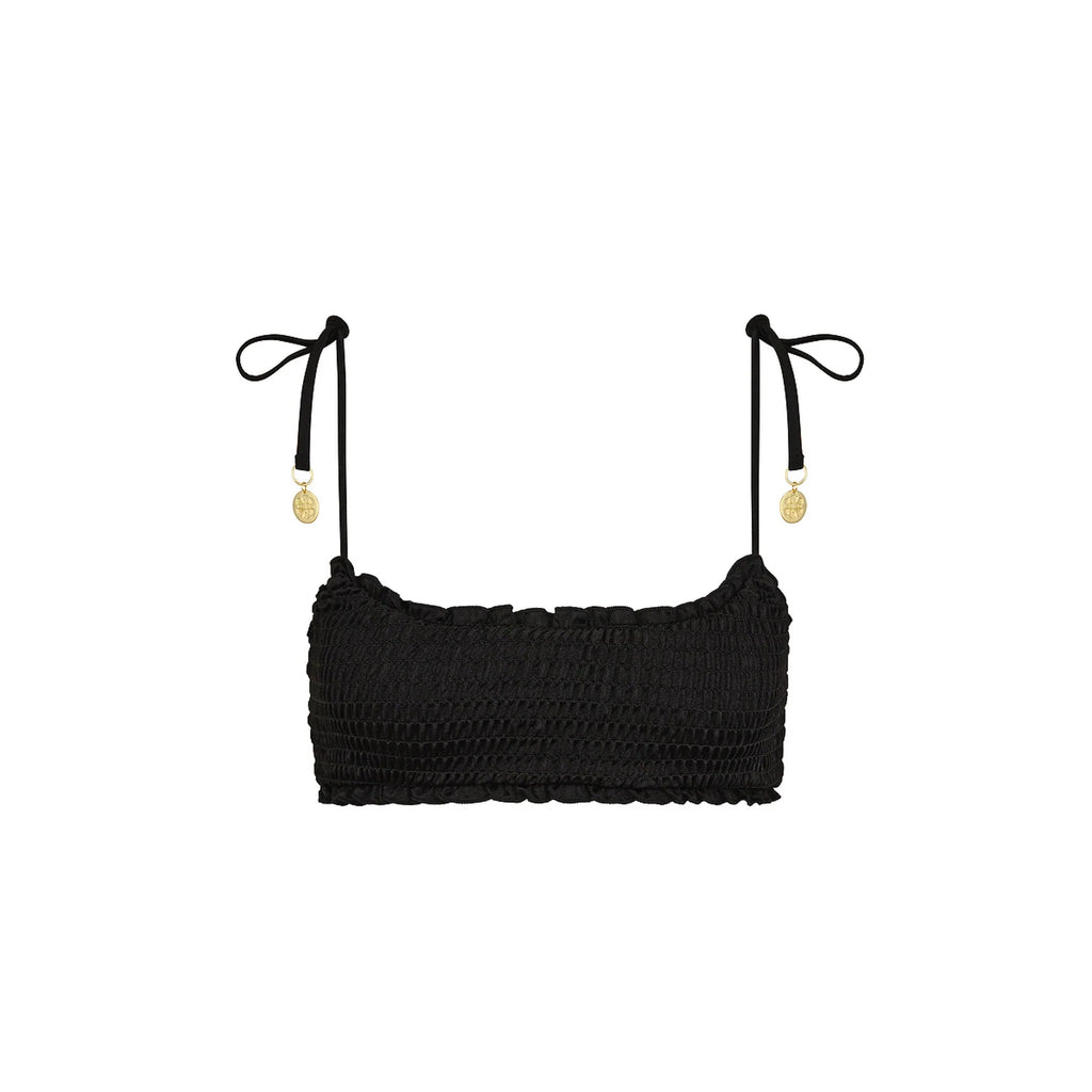 Shirred Crop Tie Bikini Top - Twilight Black
