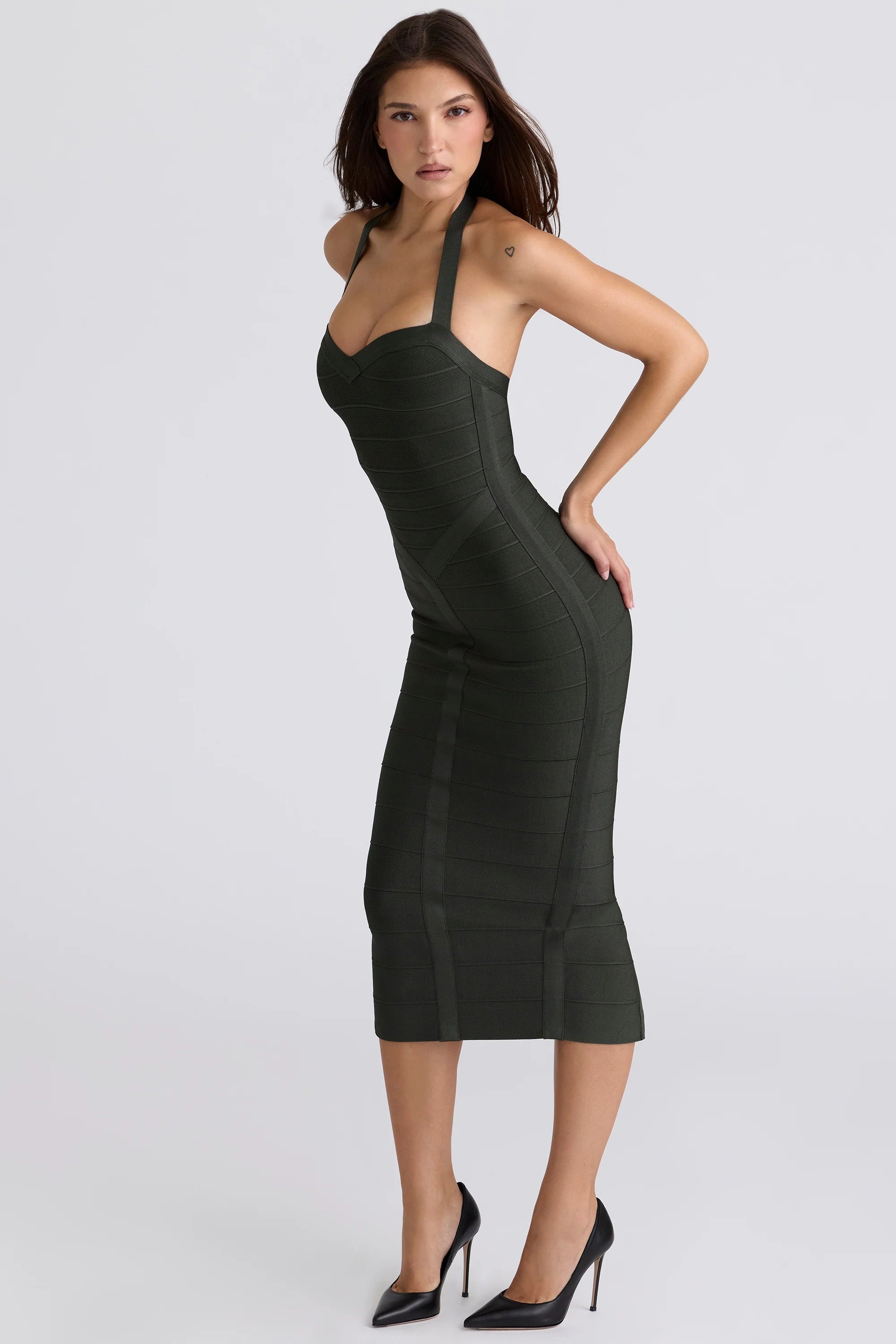 emerald halter neck bandage midi dress