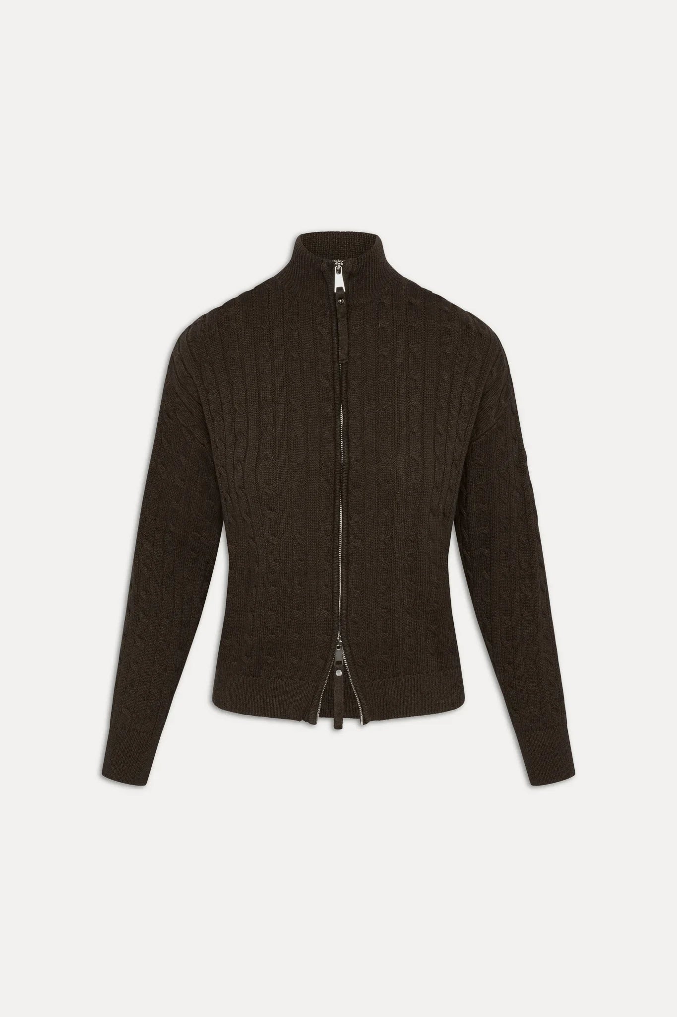 Bea Cable Knit Zip Up Sweater - Chocolate Brown