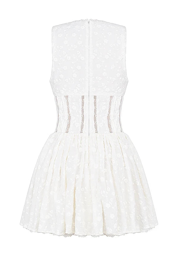 white cotton broderie anglais plunge mini dress