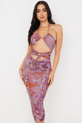 purple swirl cutout midi dress
