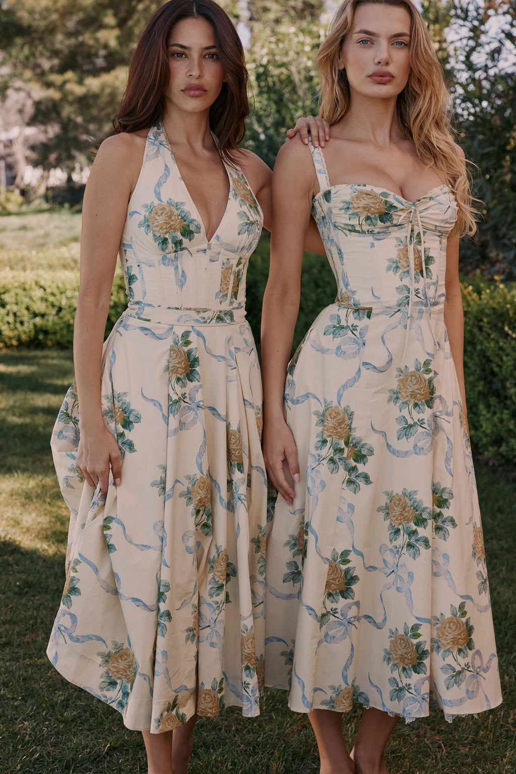 lemon ribbon stretch cotton halter midi sundress