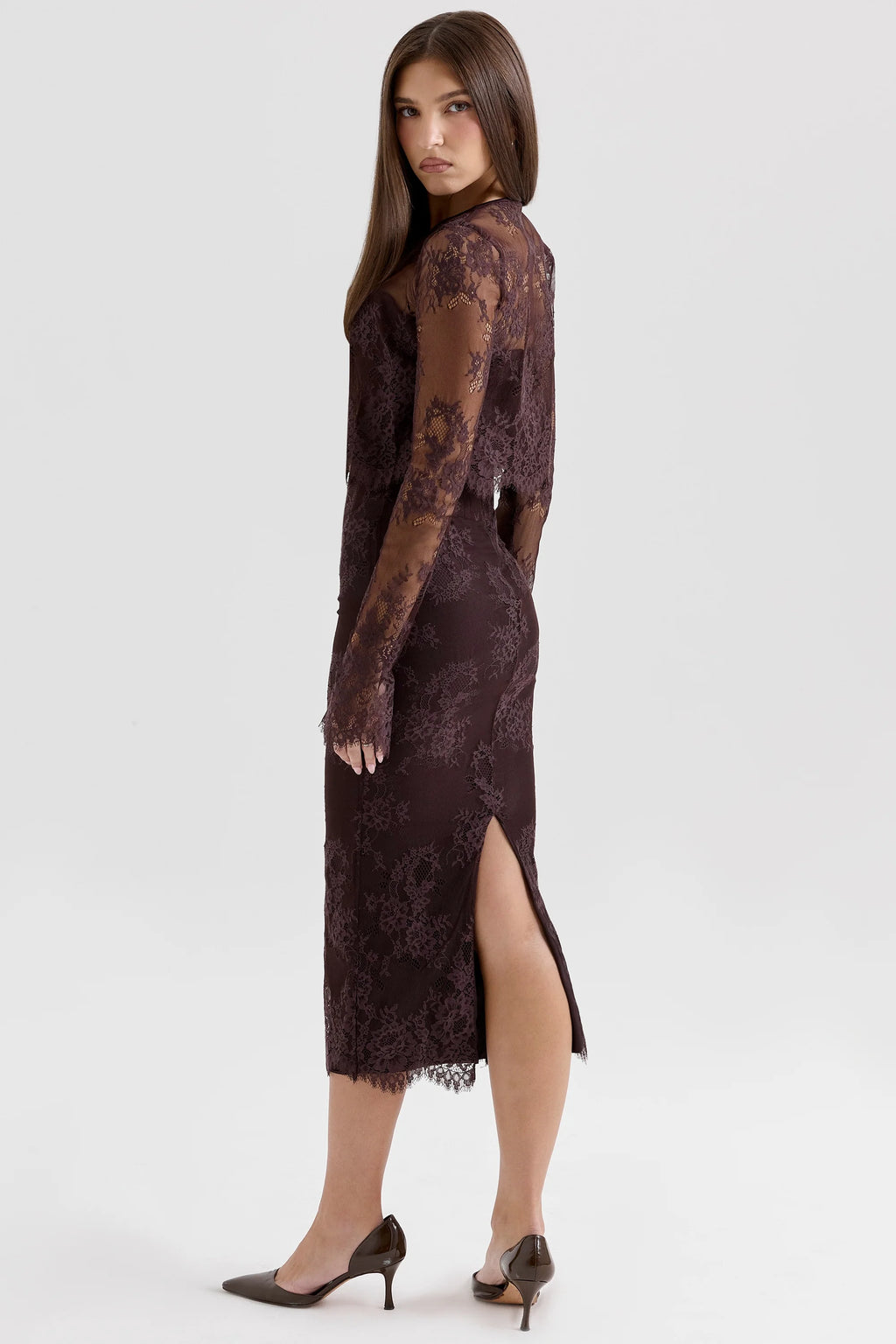 bitter chocolate lace corset midi dress & bolero