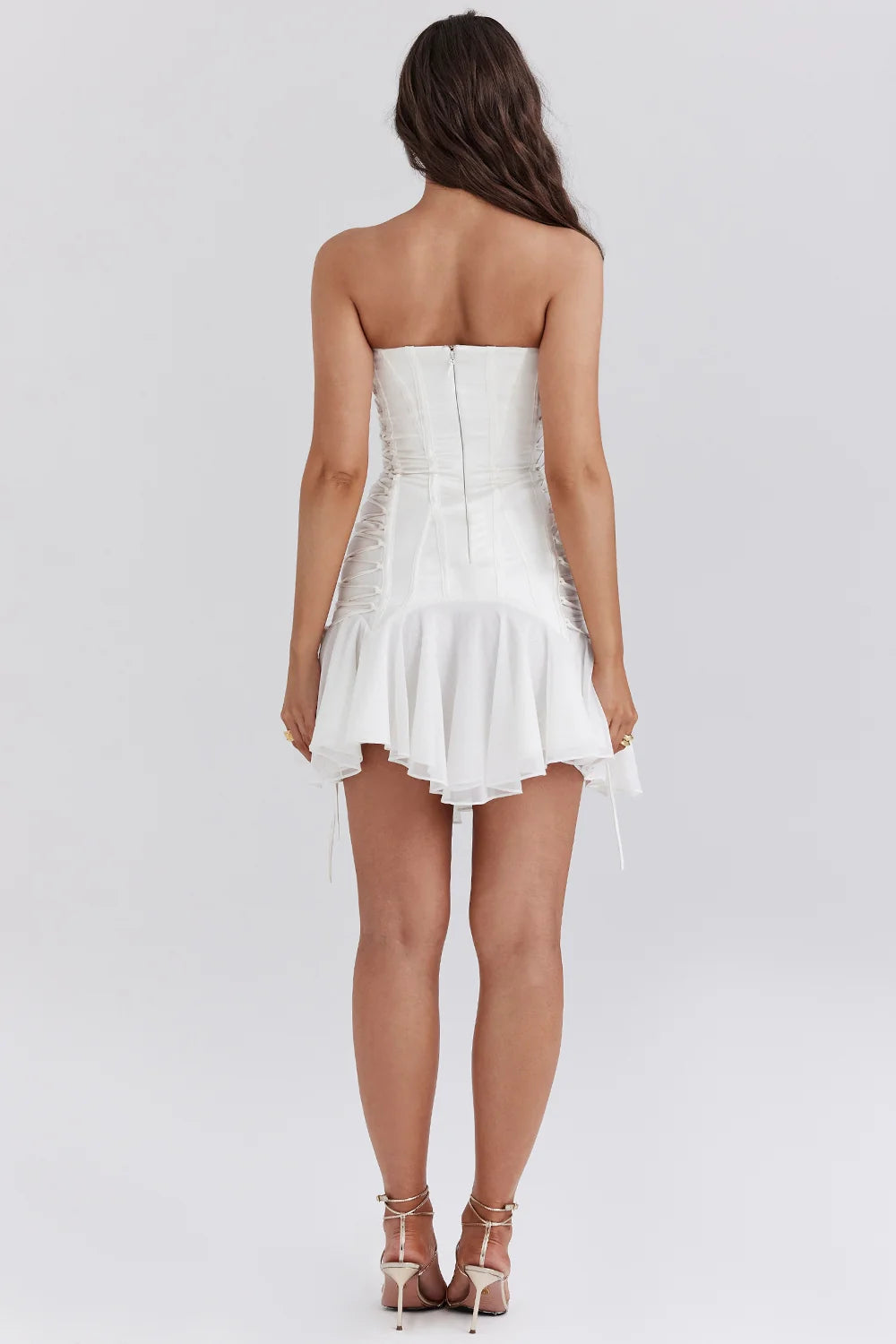 white strapless lace up mini dress