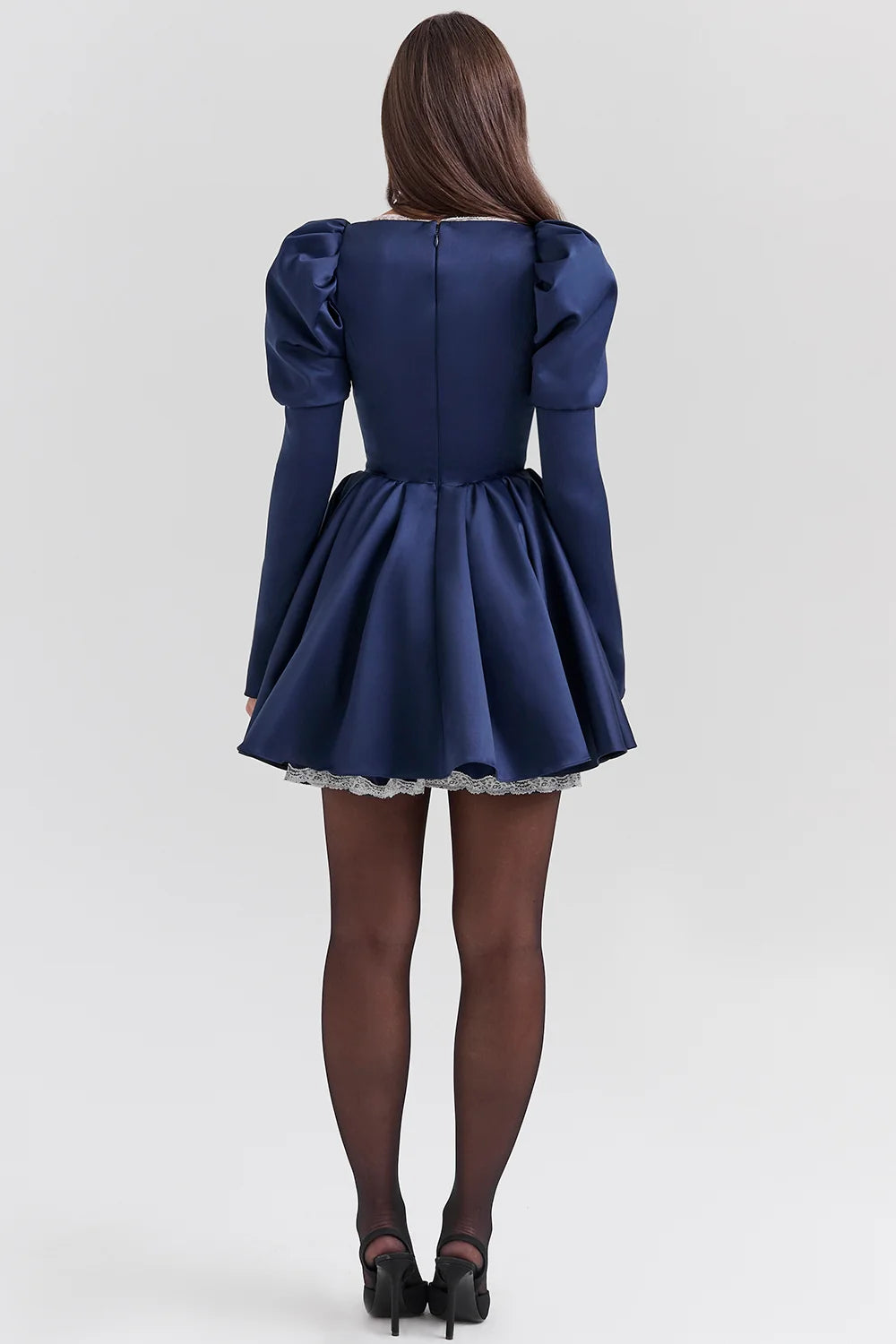 midnight satin puff sleeve mini dress - sale