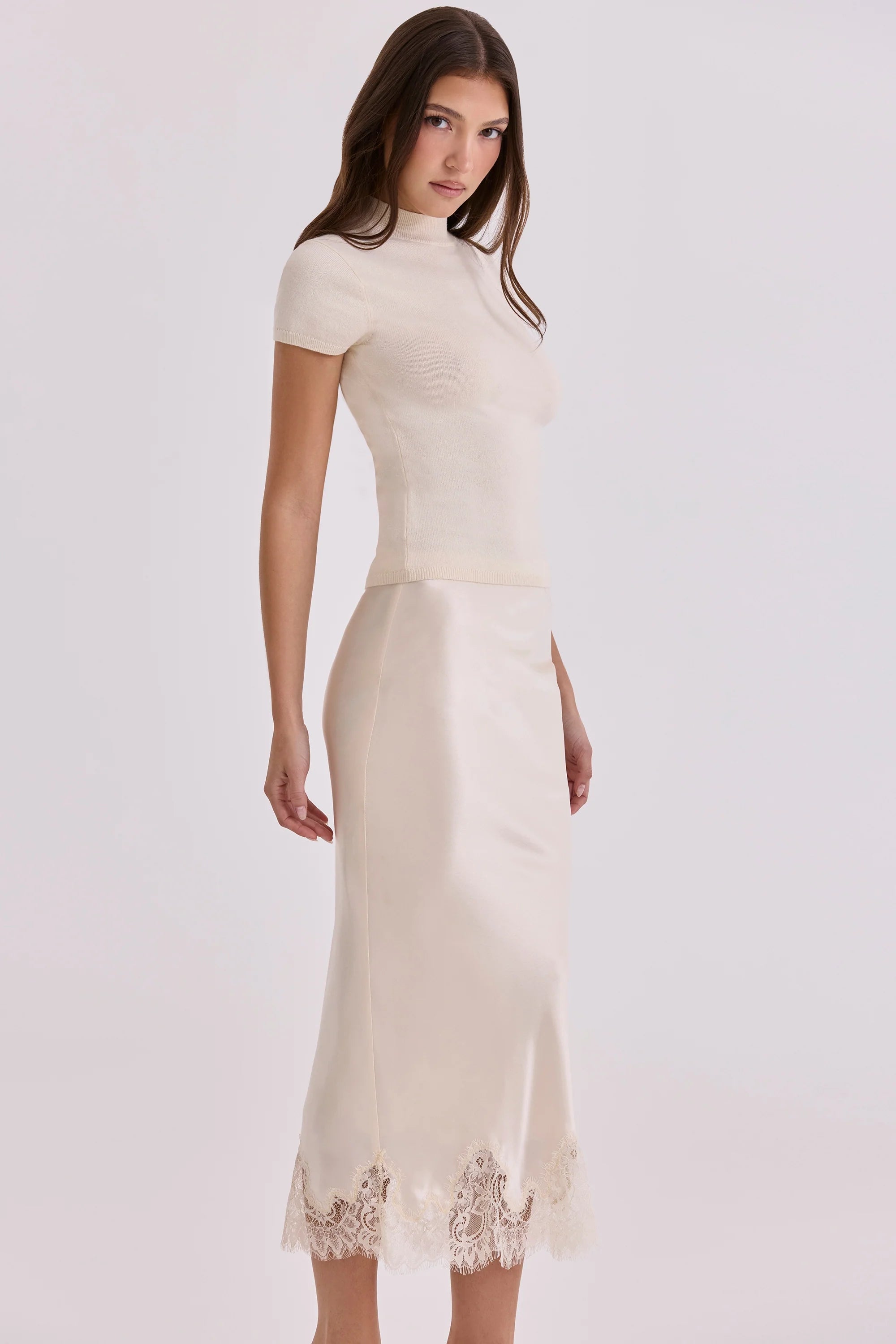 vintage ivory satin + lace midi skirt