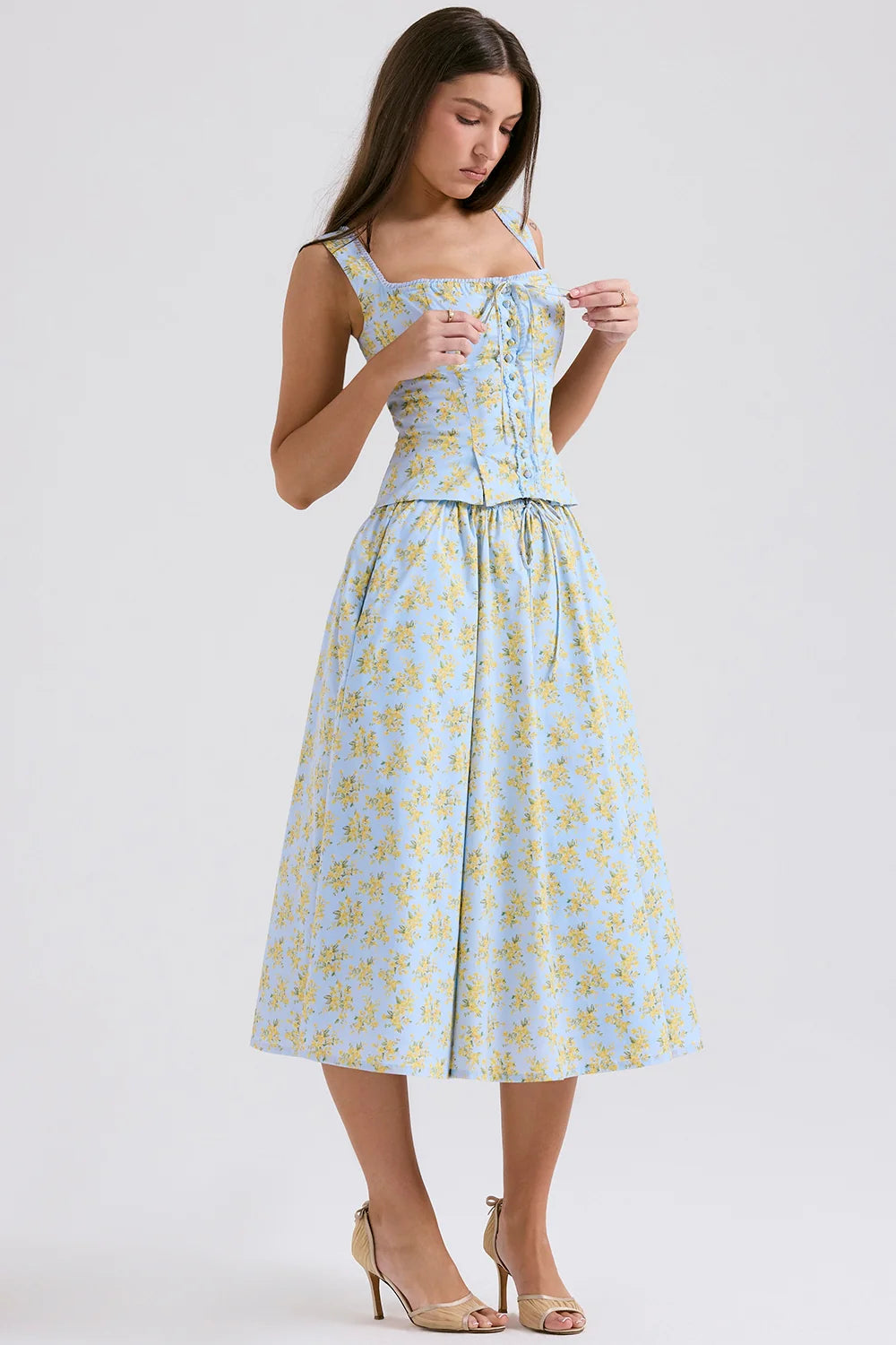 soft blue vintage floral print cotton midi skirt