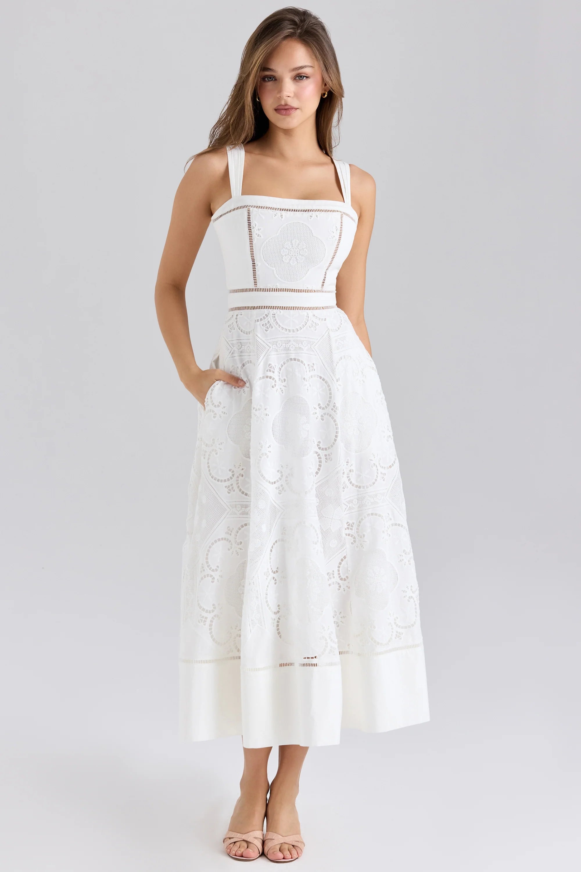 white stretch cotton broderie anglaise midi dress