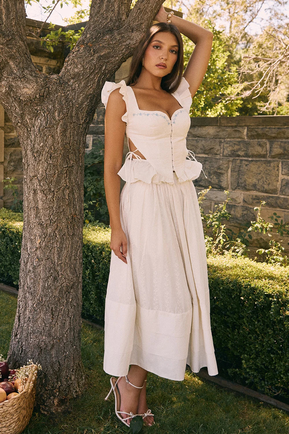 white embroidered cotton midi skirt
